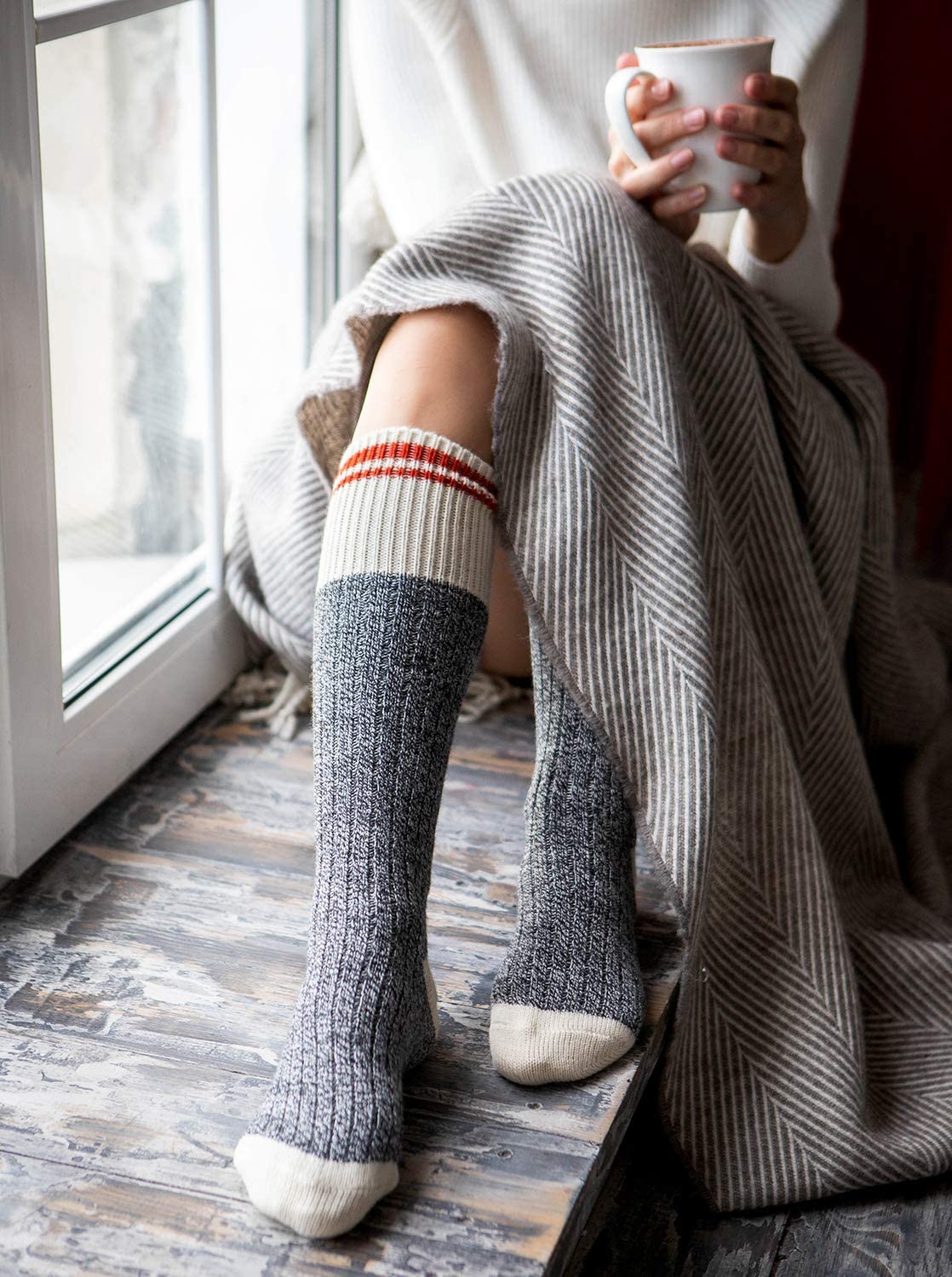 Women's Warm Wool Cabin Socks - Mid-Calf Winter Socks for Hiking, Camping & Home - Soft Cozy Knit Socks for Women