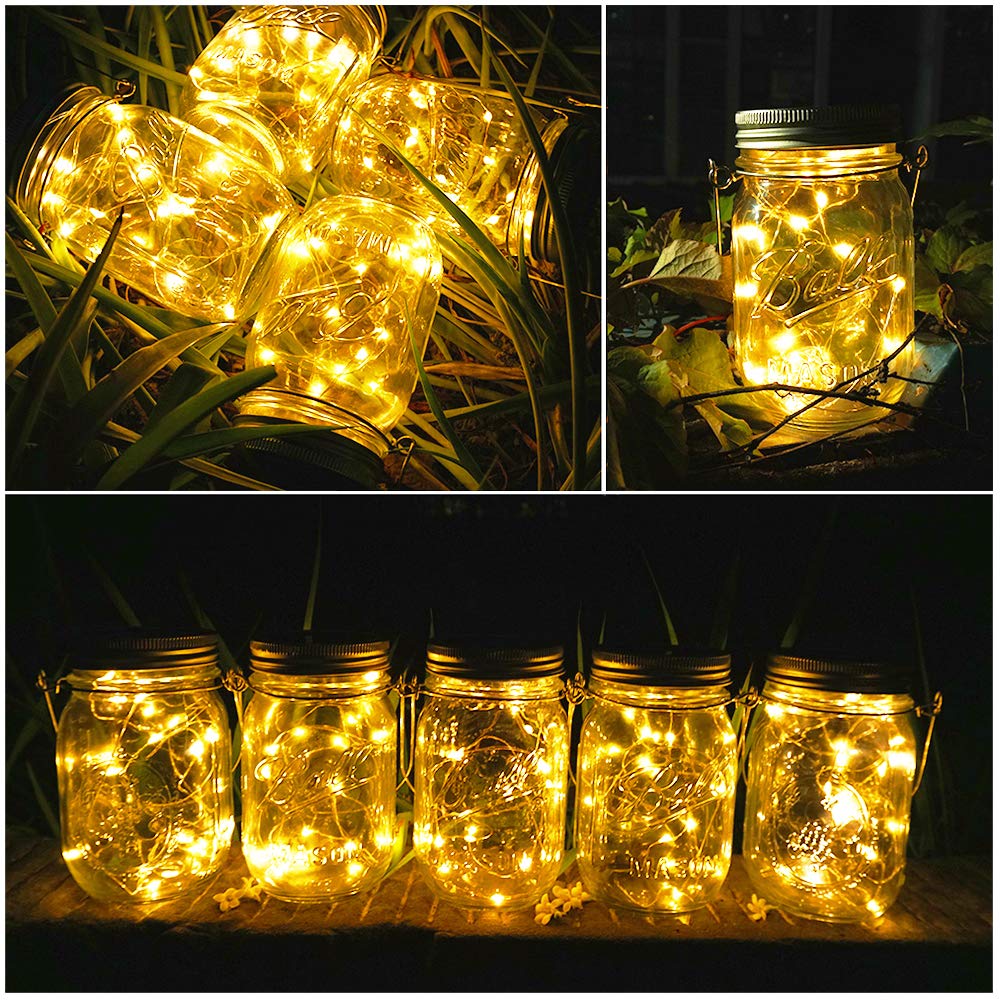 SunKite Solar Mason Jar Lid Lights [Updated 2023] - 6 Pack 15 LED Waterproof Fairy String Lights with Hooks for Outdoor Decor | Warm White Solar-Powered Firefly Lights for Garden, Patio, Wedding & Easter Decorations