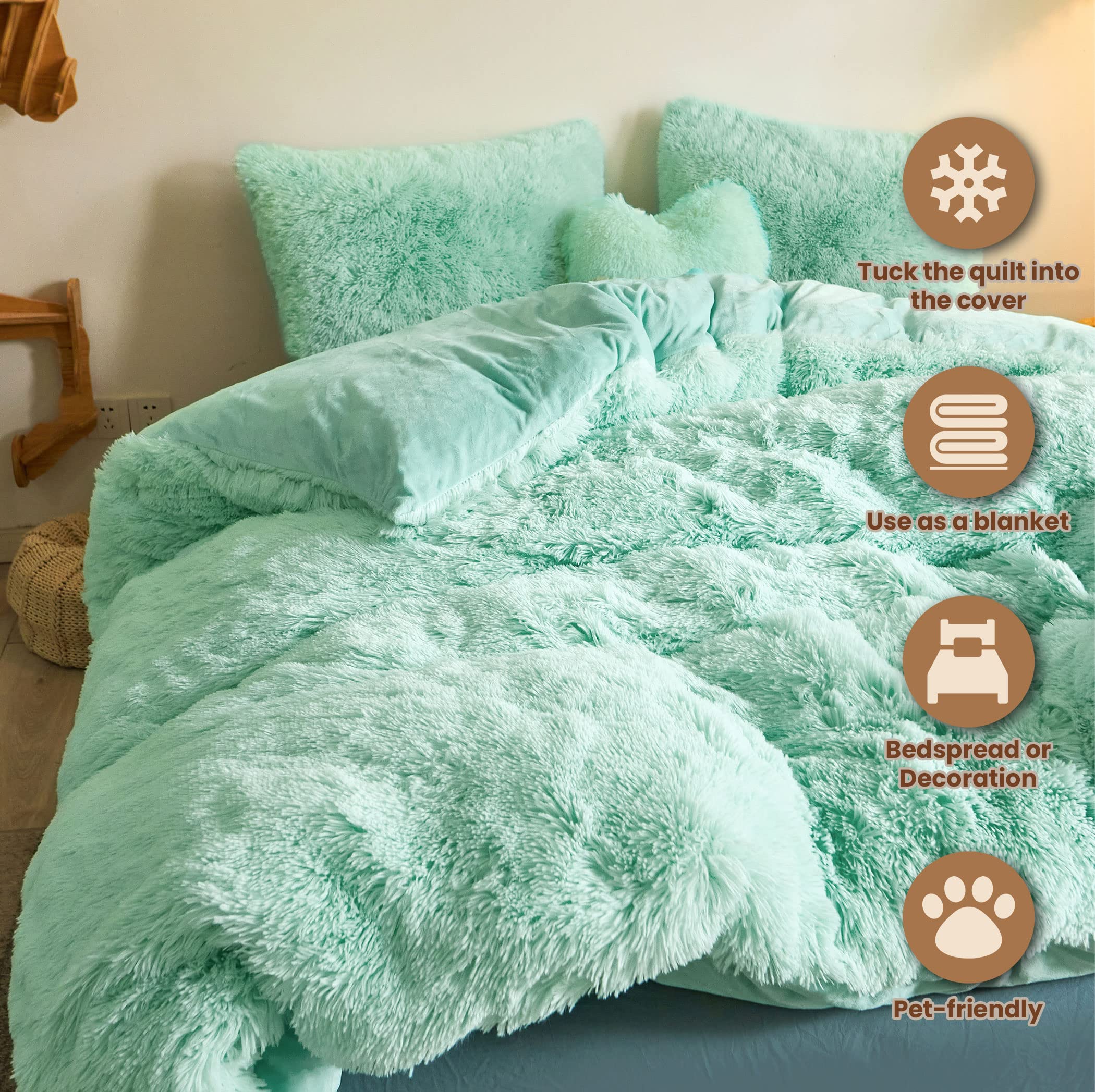 Luxury Shaggy Faux Fur Duvet Cover Set - Ultra Soft 3 Piece Queen Size Comforter Cover with Zipper Closure (Aqua Green) | Fluffy Bedding Set for Cozy Winter Nights & Stylish Home Decor