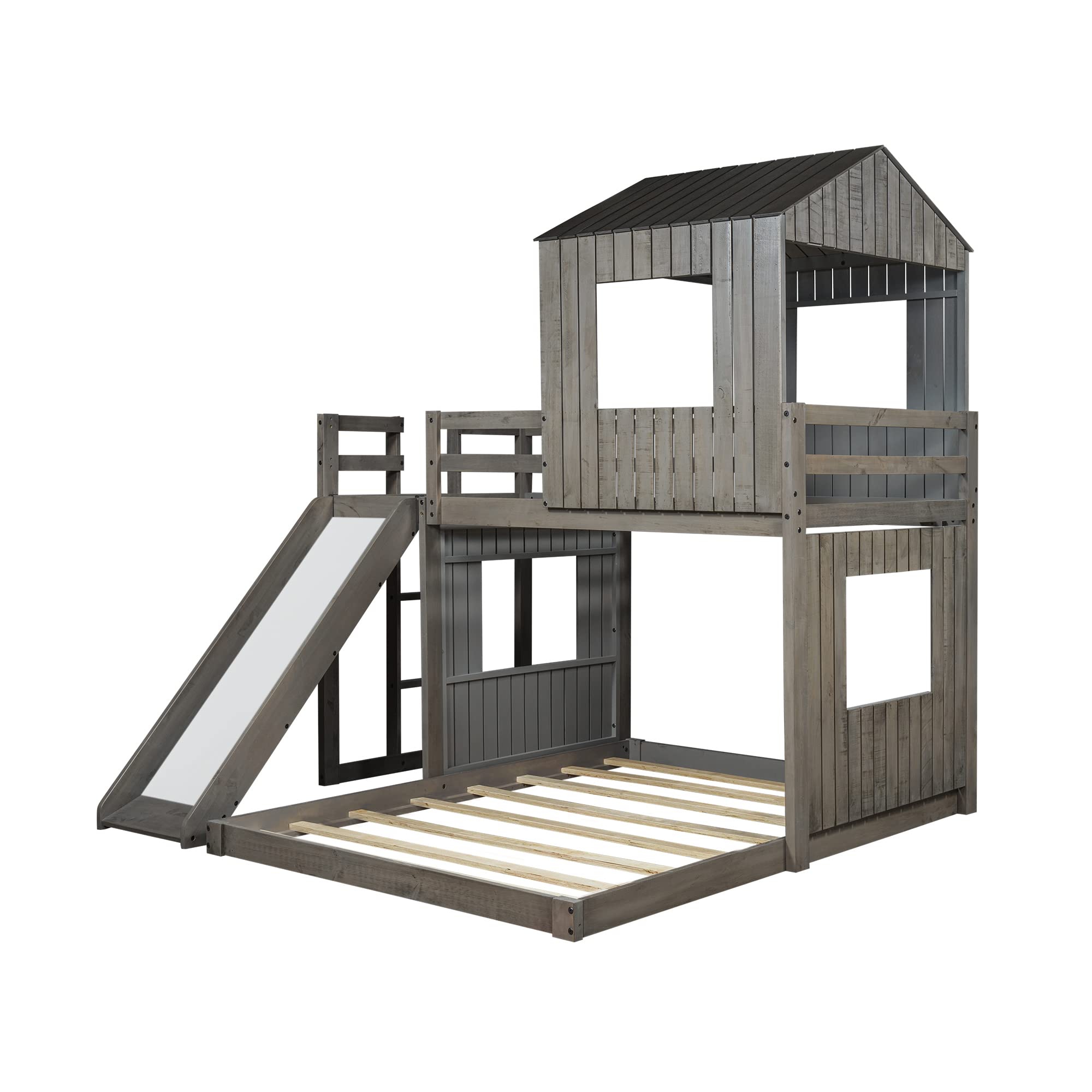 Quarte Twin Over Full Bunk Bed with Slide & Ladder - Solid Wood Loft Bed Frame with Playhouse, Farmhouse Design & Safety Guardrails - Perfect for Kids, Teens & Toddlers (Antique Gray) - Space-Saving Solution for Bedrooms, Playrooms & Vacation Homes
