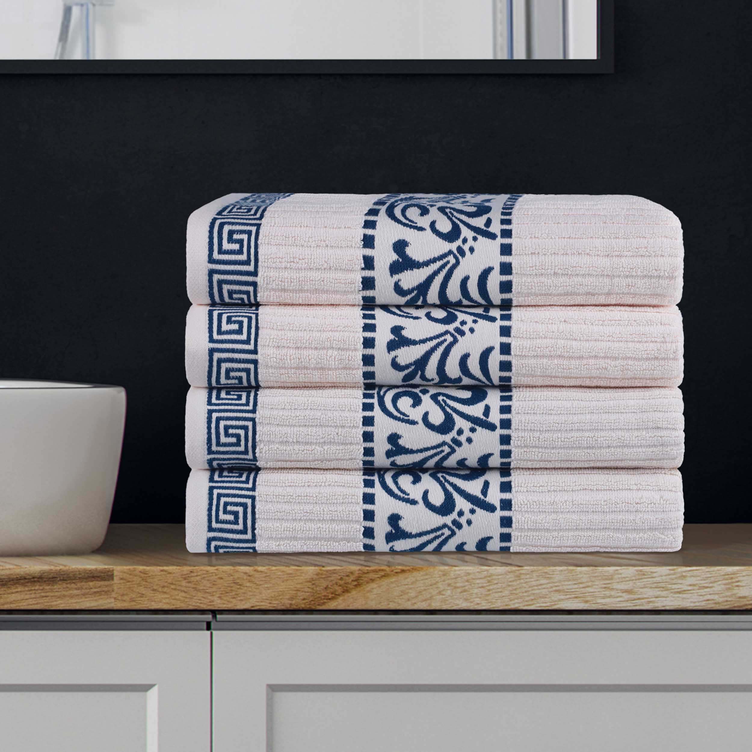 Premium Athens Cotton Greek Scroll & Floral 4-Piece Bath Towel Set - Soft & Absorbent for Spa, Bathroom & Guest Room Decor