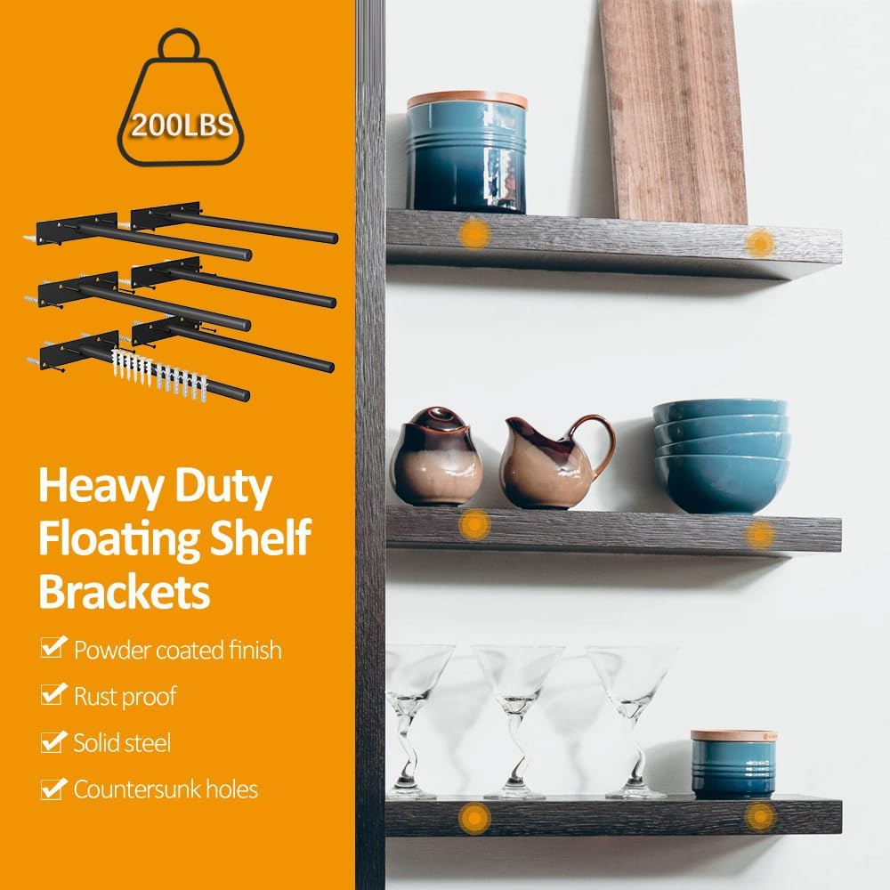 Heavy Duty 12 Inch Floating Shelf Brackets - 6 Pack Hidden Blind Shelf Supports, 200LBS Load Capacity - DIY Wall Mount Hardware for Wood Floating Shelves - Perfect for Living Room, Bedroom, Kitchen Storage & Home Decor