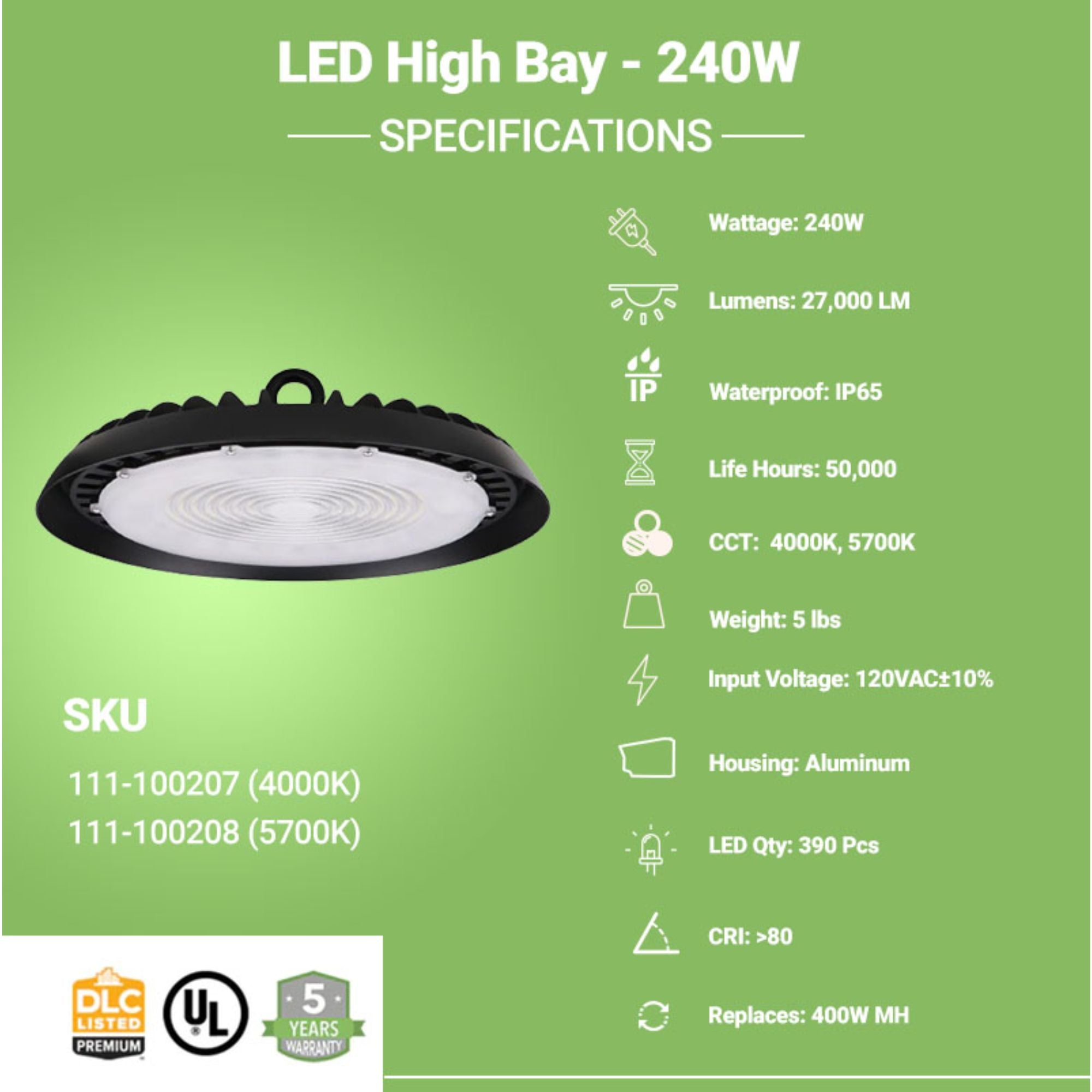 240W LED High Bay Light - 27,000 Lumens Slim UFO Fixture with Hook Mount (UL Listed) - Perfect for Warehouses, Garages & Industrial Spaces