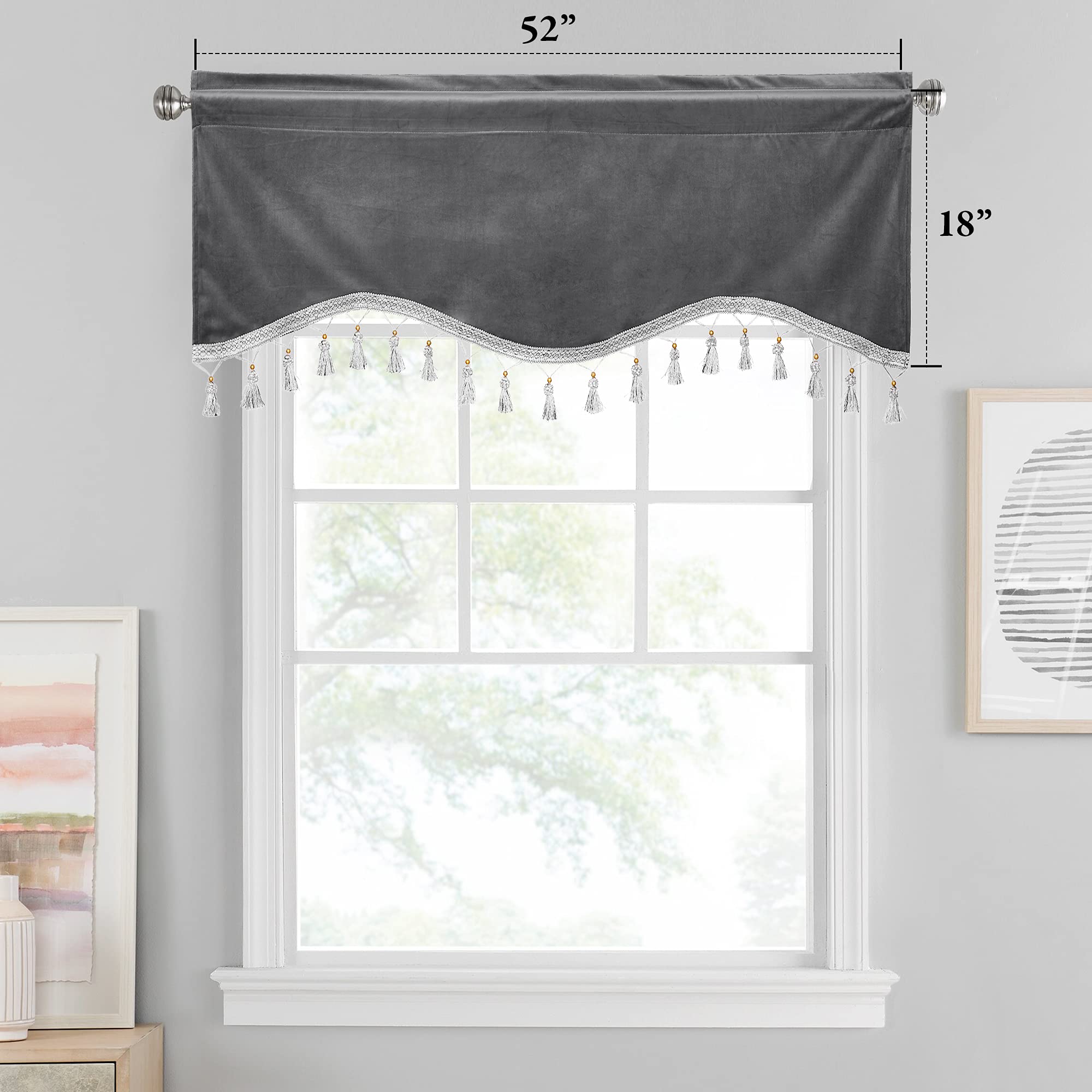 Premium Blackout Velvet Valance Curtains - Scalloped Edge with Tassel Trim, Luxury Window Treatment for Kitchen & Bathroom, 52