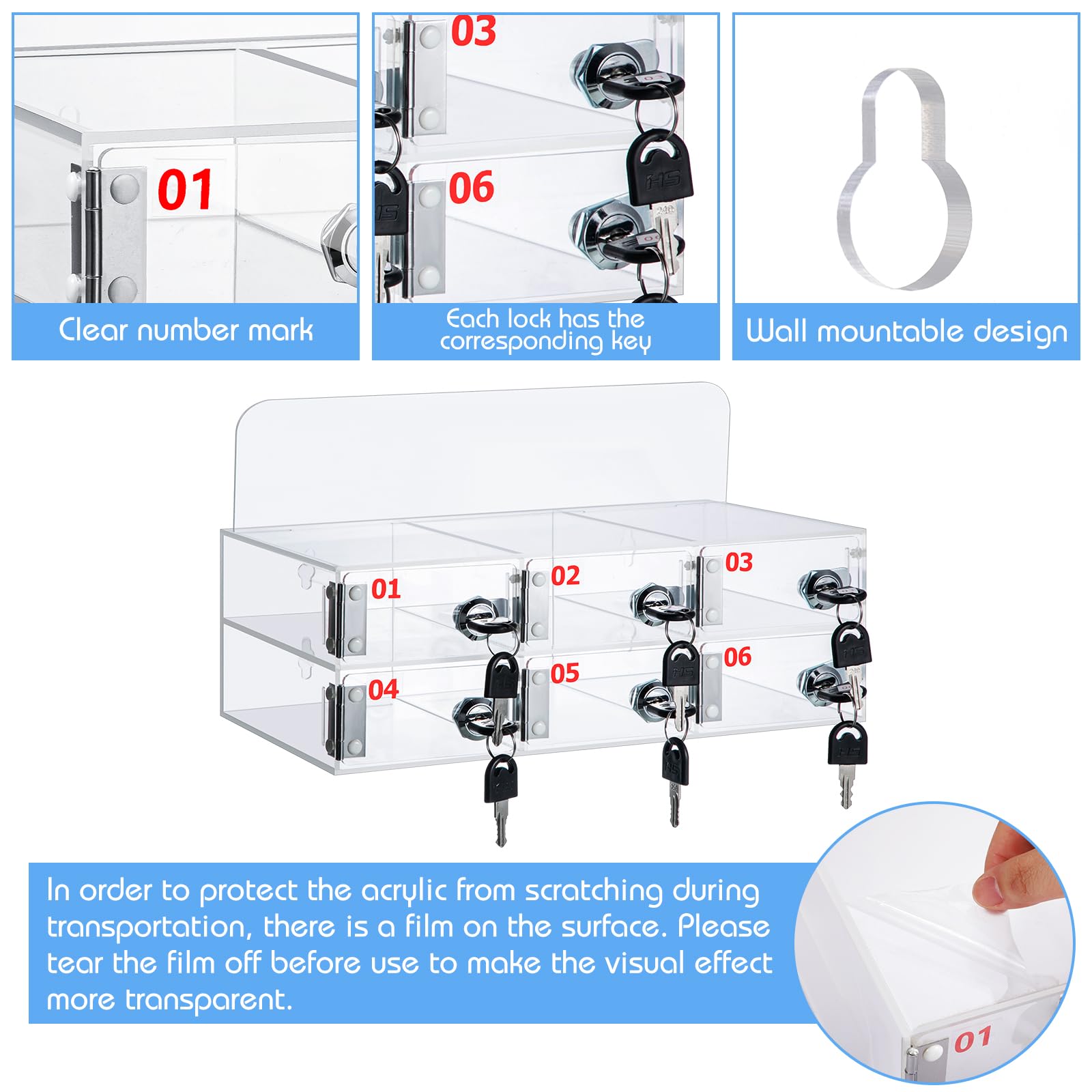 Clear Acrylic Wall Mounted Cell Phone Storage Box with Door Locks & Keys - 6 Slots Organizer for Office, School, Classroom, Factory | Secure Employee & Student Phone Storage Solution
