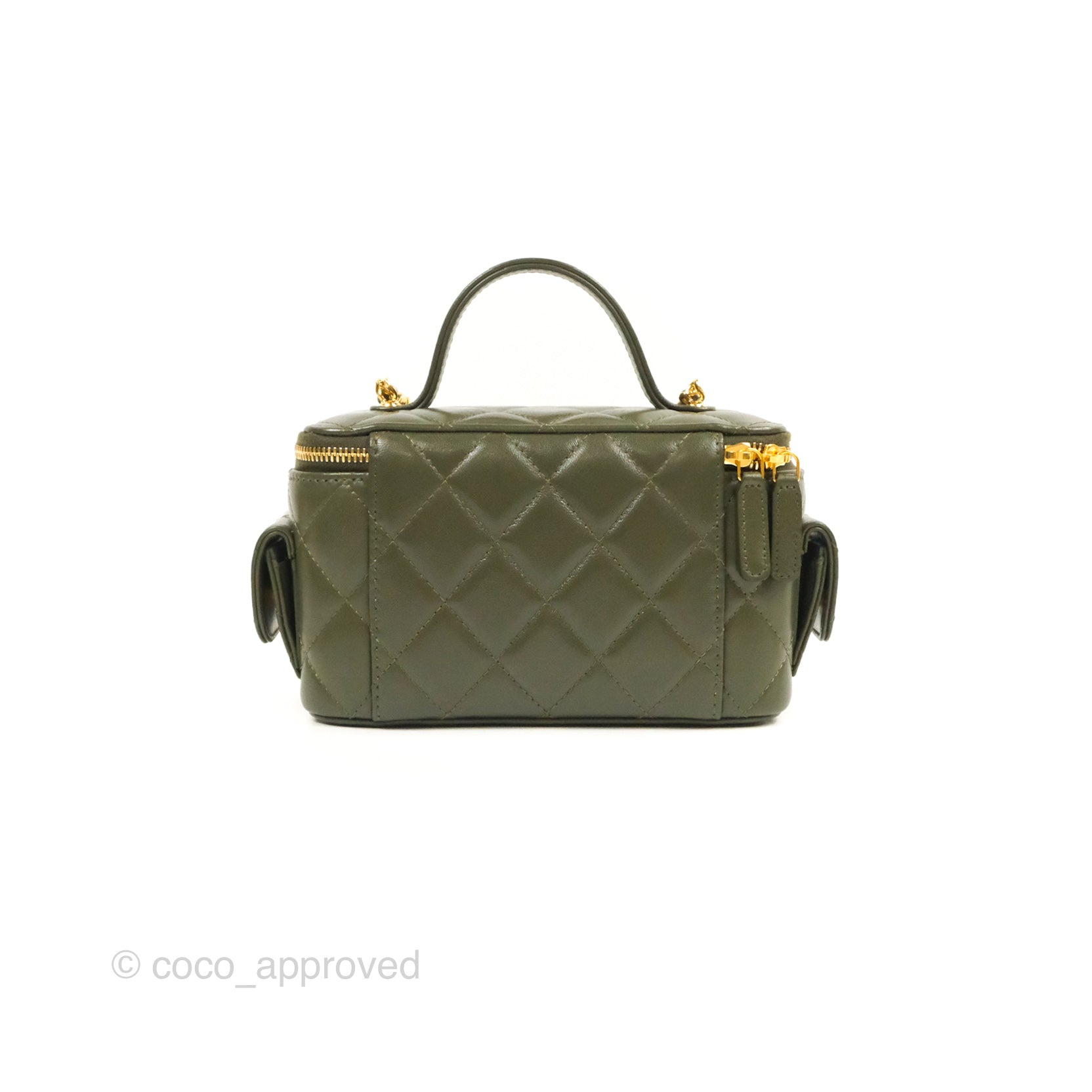 Chanel 22K Khaki Green Lambskin Cargo Pocket Top Handle Vanity Bag with Chain - Luxury Crossbody Purse for Women, Perfect for Date Night & Evening Events