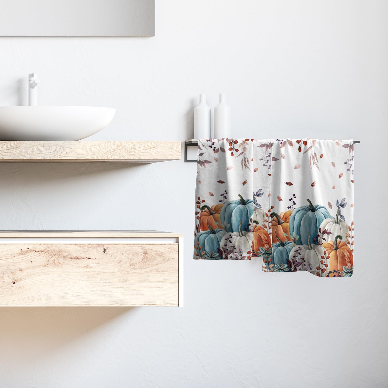 Premium Fall Pumpkin Hand Towels Set of 2 - Soft Absorbent Eucalyptus Leaf Design Kitchen & Bath Towels for Seasonal Decor, Guest Bathroom, Thanksgiving Hostess Gift - Perfect for Autumn Home Decor & Holiday Entertaining