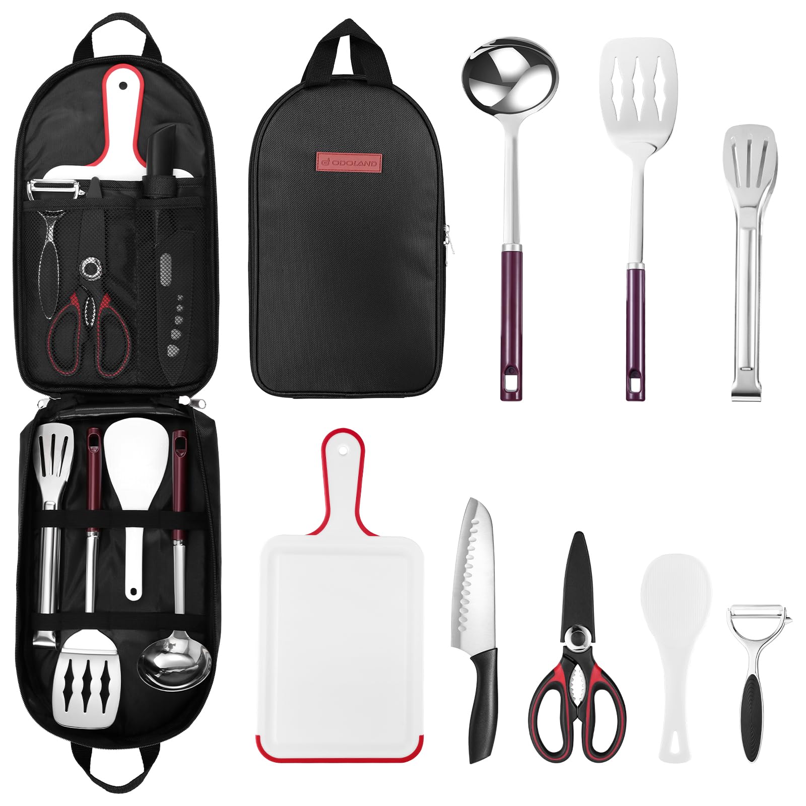 Odoland 8-Piece Camping Cookware Set - Lightweight Travel Utensils with Tongs, Scissors, Cutting Board & Rice Paddle - Compact Waterproof Storage Case for Backpacking, Hiking, Outdoor Adventures & RV Trips