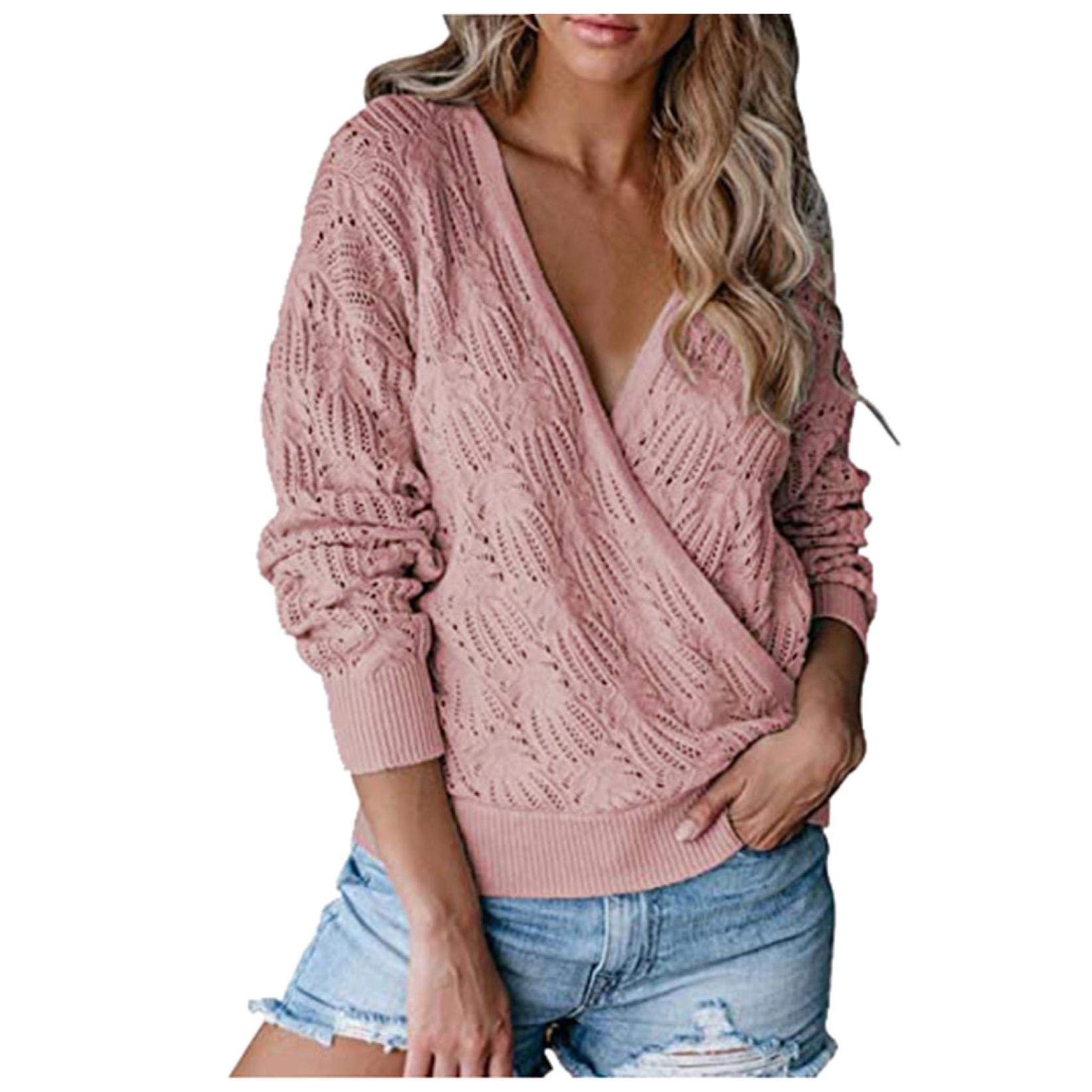 Sexy Women's Deep V-Neck Wrap Sweater - Oversized Long Sleeve Waffle Knit Pullover Top for Fall & Winter | Casual Outfit, Date Night, Office Wear
