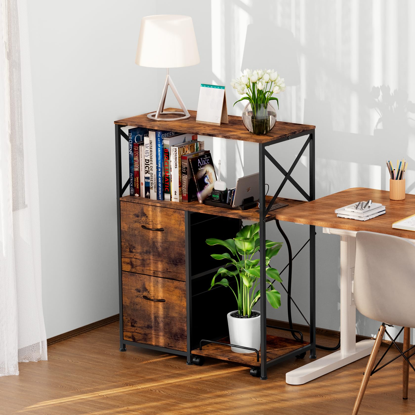 2 Drawer File Cabinet with Charging Station - Vertical Office Storage & Printer Stand for Home & Workspace - Organize PC Tower, Host Computer & Documents - Perfect for Small Offices & Remote Work