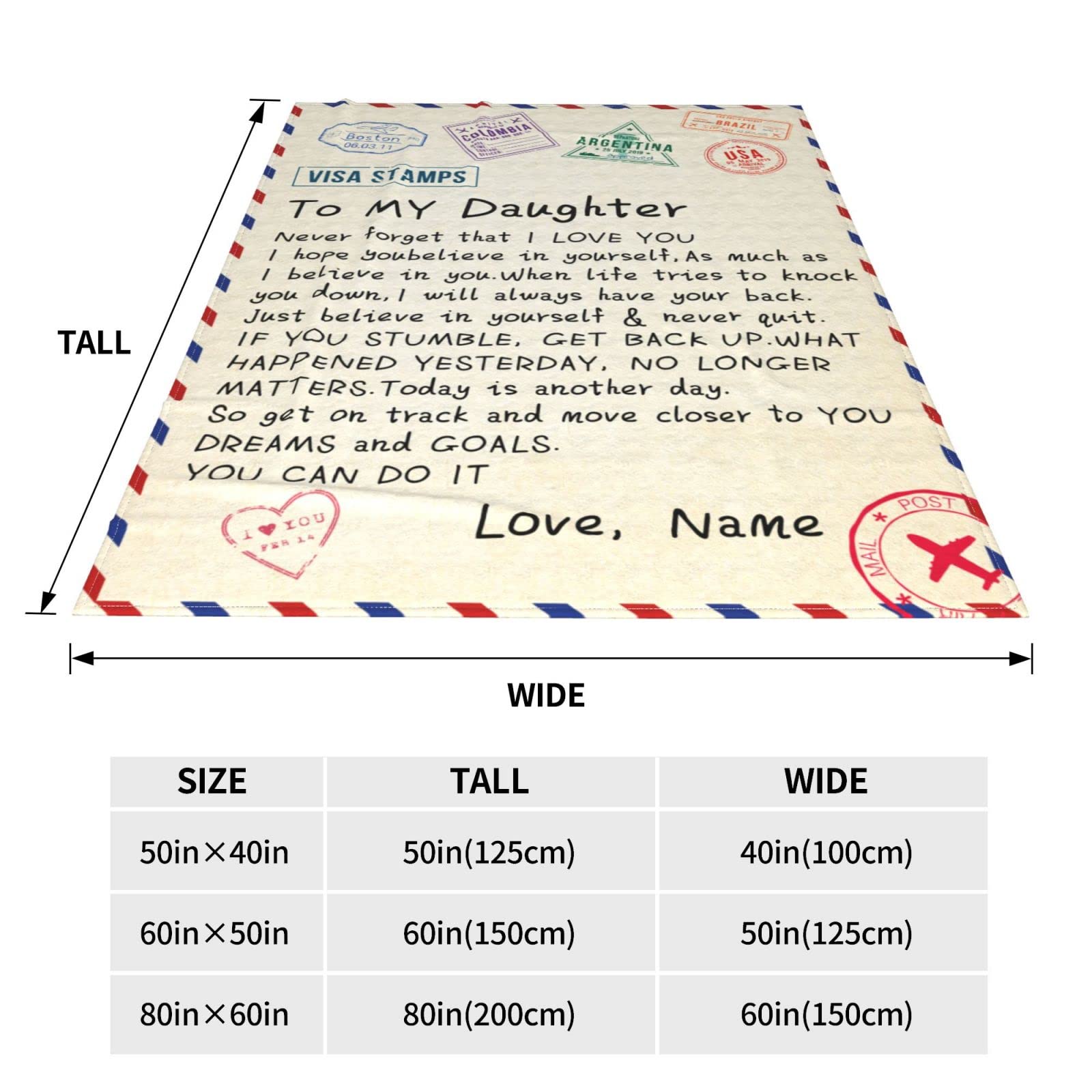 Personalized Custom Name Blanket - Love Letter to My Daughter from Dad & Mom - Air Mail Design - 50x60 Inches Soft Fleece Throw - Perfect for Gifts, Nursery Decor, and Cozy Family Moments