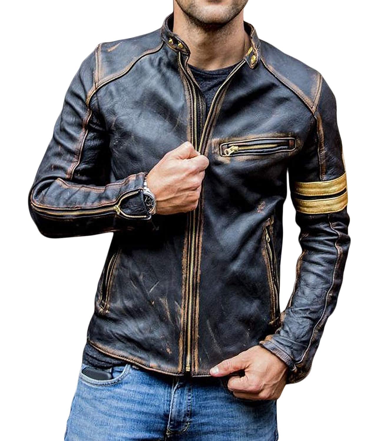 Vintage Distressed Brown Lambskin Leather Biker Jacket for Men - Stylish Motorcycle Coat for Riding & Casual Wear