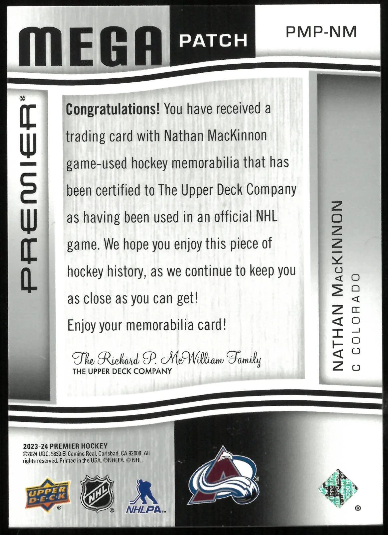 2023-24 Upper Deck Premier Hockey Nathan MacKinnon Mega Patch Chest Logo #/30 - Rare Collectible for Hockey Fans & Sports Memorabilia Enthusiasts - Perfect for Display, Trading, and Investment