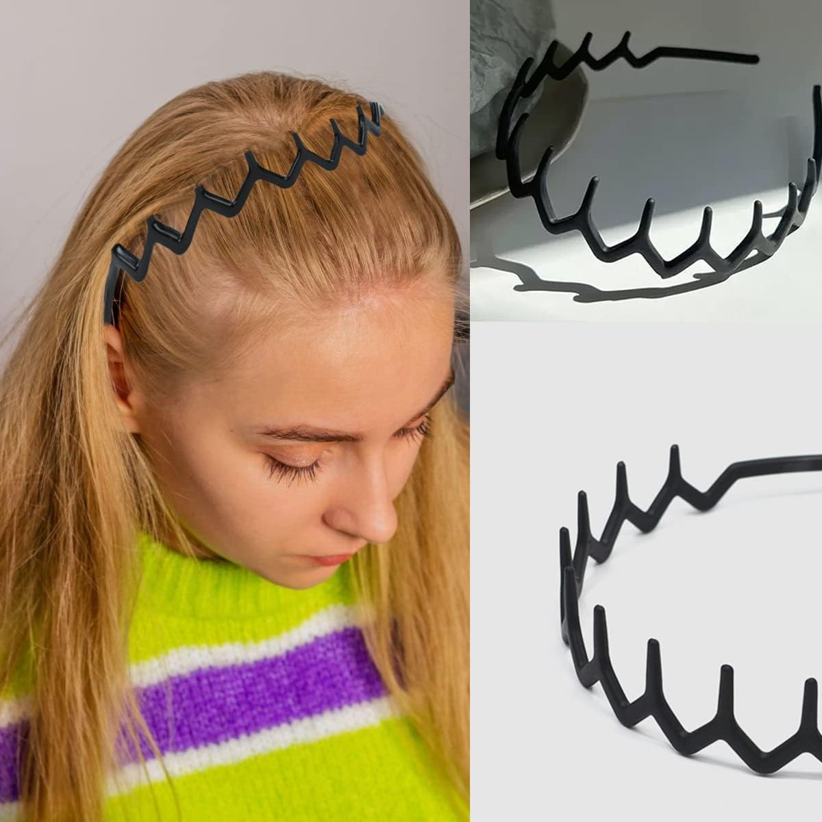 8 PCS Non-Slip Plastic Headbands with Teeth Comb - Matte Black Skinny Hair Bands for Women, Men & Teens - Perfect for Workouts, Sports and Everyday Styling