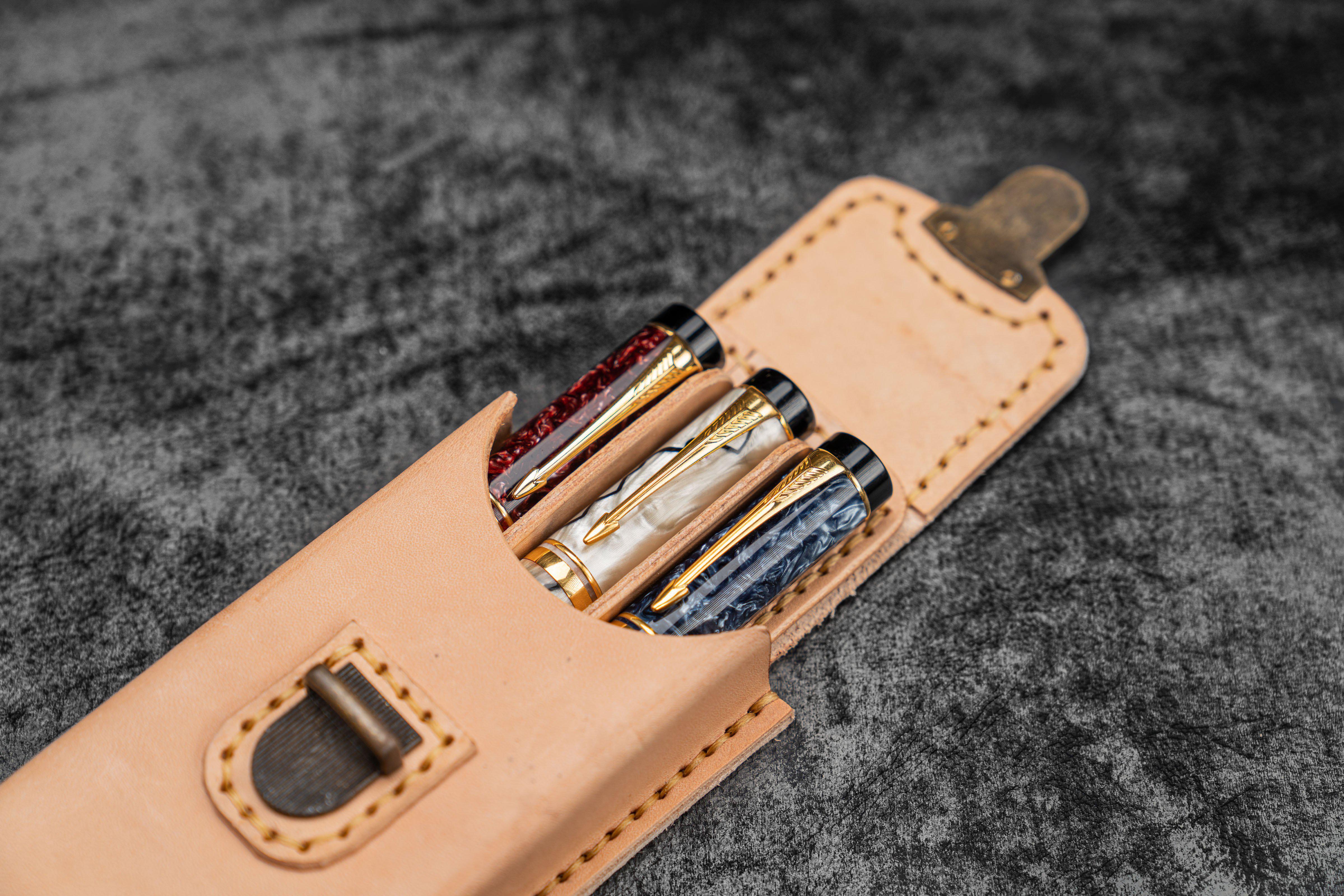 Vintage Leather Pen Case Holder for 3 Pens - Handcrafted Genuine Undyed Leather - Perfect for Writers, Artists & Office Professionals