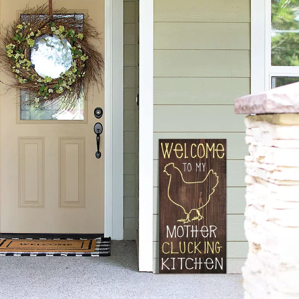 Funny Chicken Wood Sign - Welcome to My Mother Clucking Kitchen Plaque - Farmhouse Wall Decor for Kitchen, Dining Room & Country Home - Yellow Chicken Themed Humorous Farm Sign