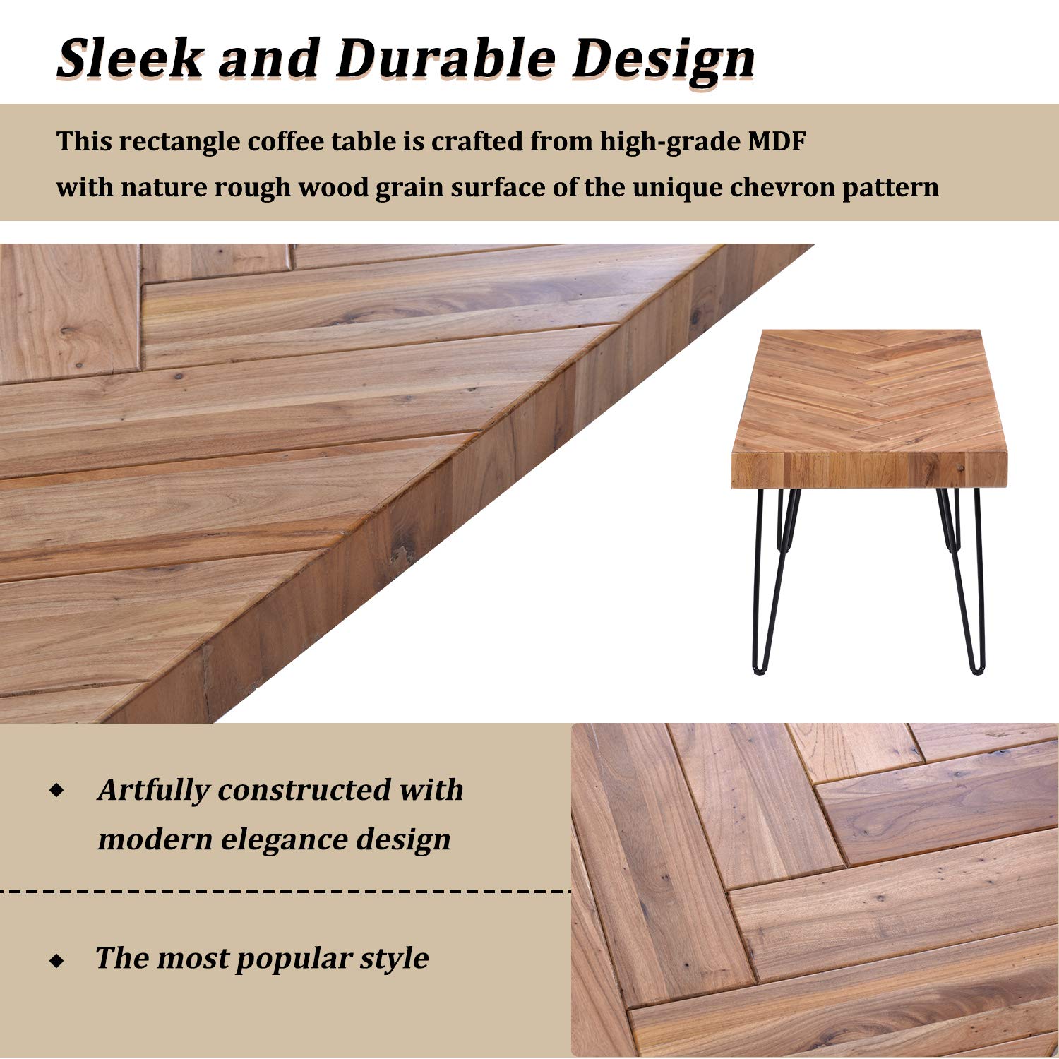 Modern Industrial Coffee Table with Metal Hairpin Legs & Glossy Finish - Easy Assembly Living Room Cocktail Table for Home, Office & Lounge Decor