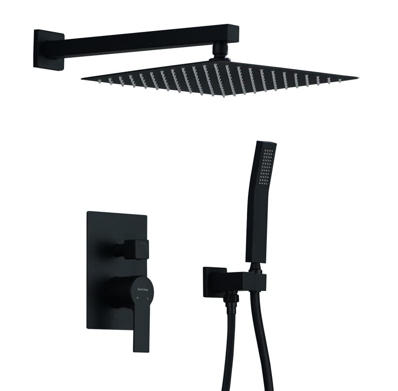 Boyel Living 12 Inch Matte Black Shower System - High Pressure Rainfall Showerhead with 1-Spray Pattern, Wall Mounted Bathroom Fixture for Luxurious Spa-Like Experience