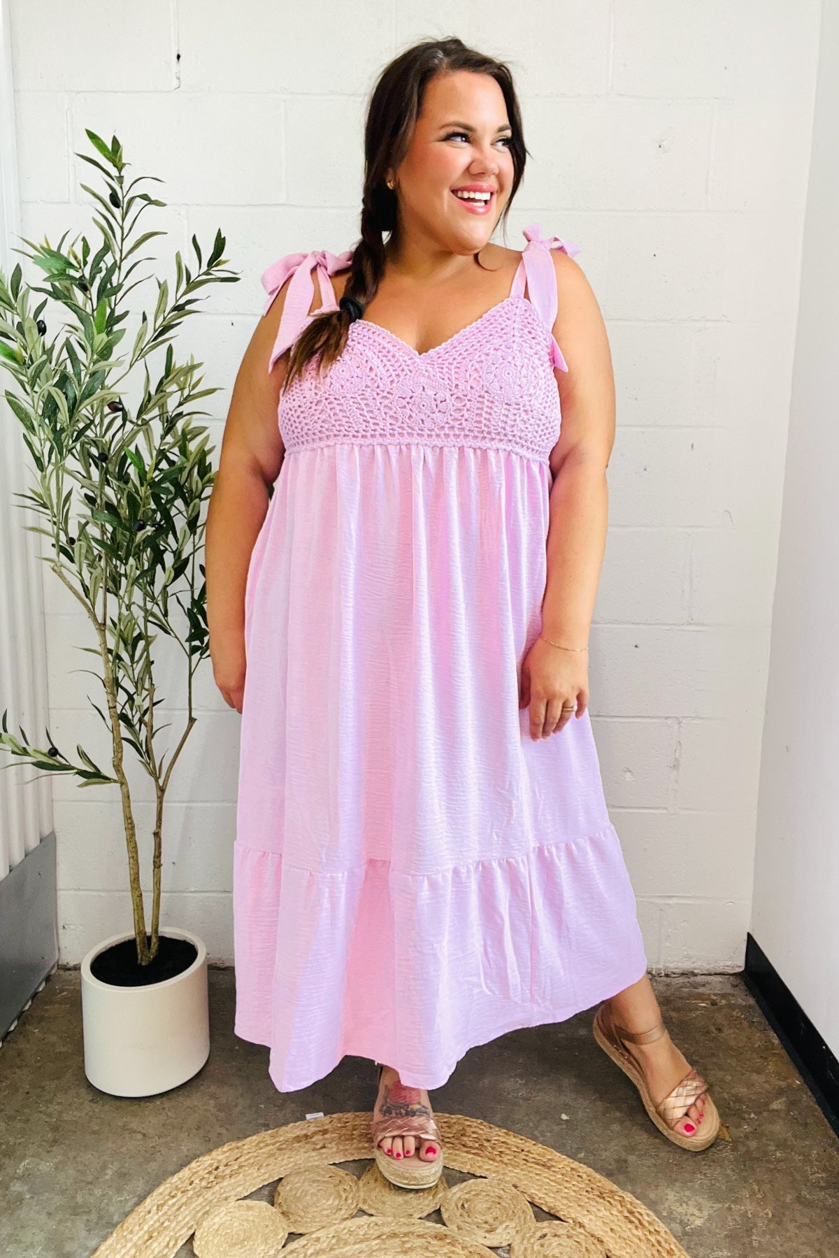 Elegant Pink Crochet Lace Babydoll Midi Dress for Women - Romantic Summer Outfit for Date Night & Beach Vacations