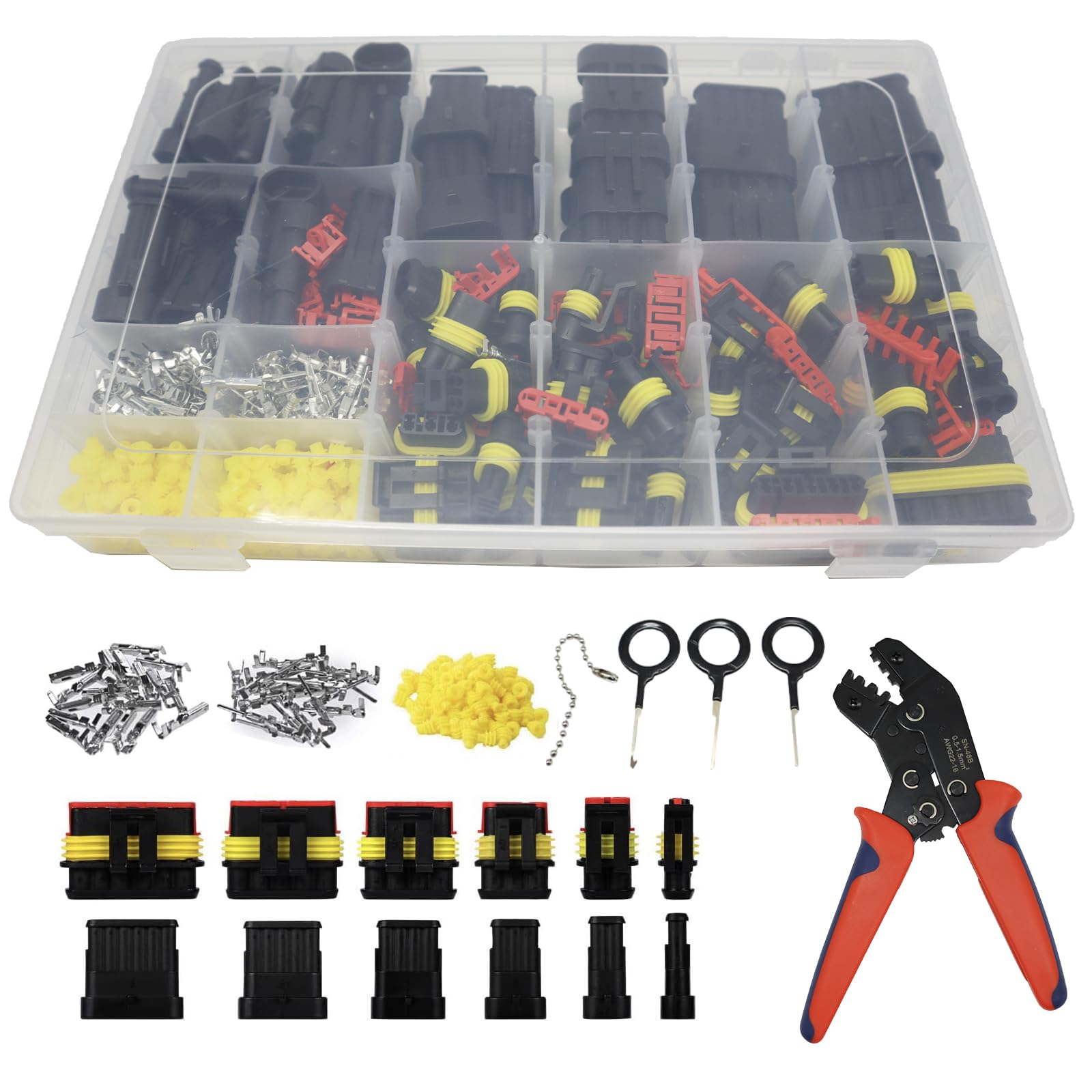 709Pcs Waterproof Wire Connectors Kit - 43 Kits Automotive Electrical Connectors with 1/2/3/4/5/6 Pin Weather Pack for 13-20 AWG Wire, Includes Ratchet Crimping Tool - Perfect for Car, Truck, Marine & Outdoor Electrical Repairs