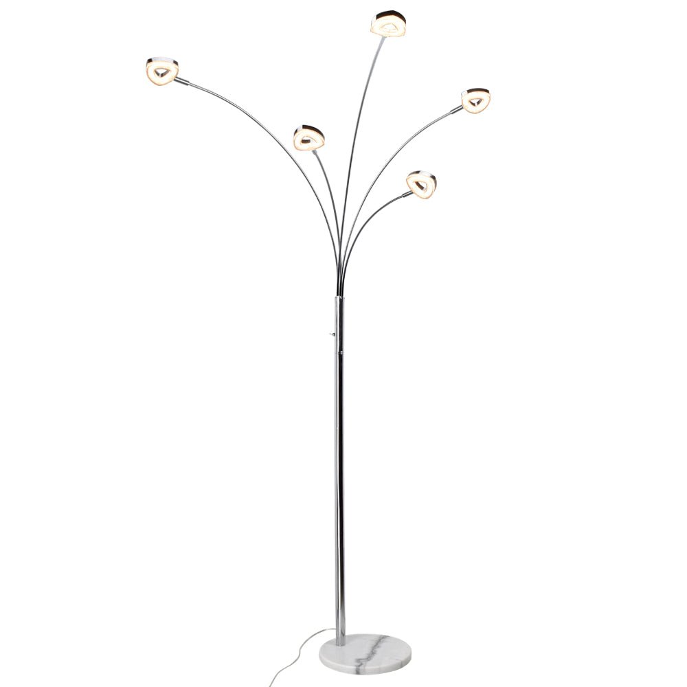 DLLT 5-Head Adjustable Arc Floor Lamp - Modern Spider Design with 5 Flexible Arms, 3 Brightness Levels (Warm White) - Silver Standing Light for Living Room, Bedroom & Office - Perfect for Reading, Working & Ambient Lighting