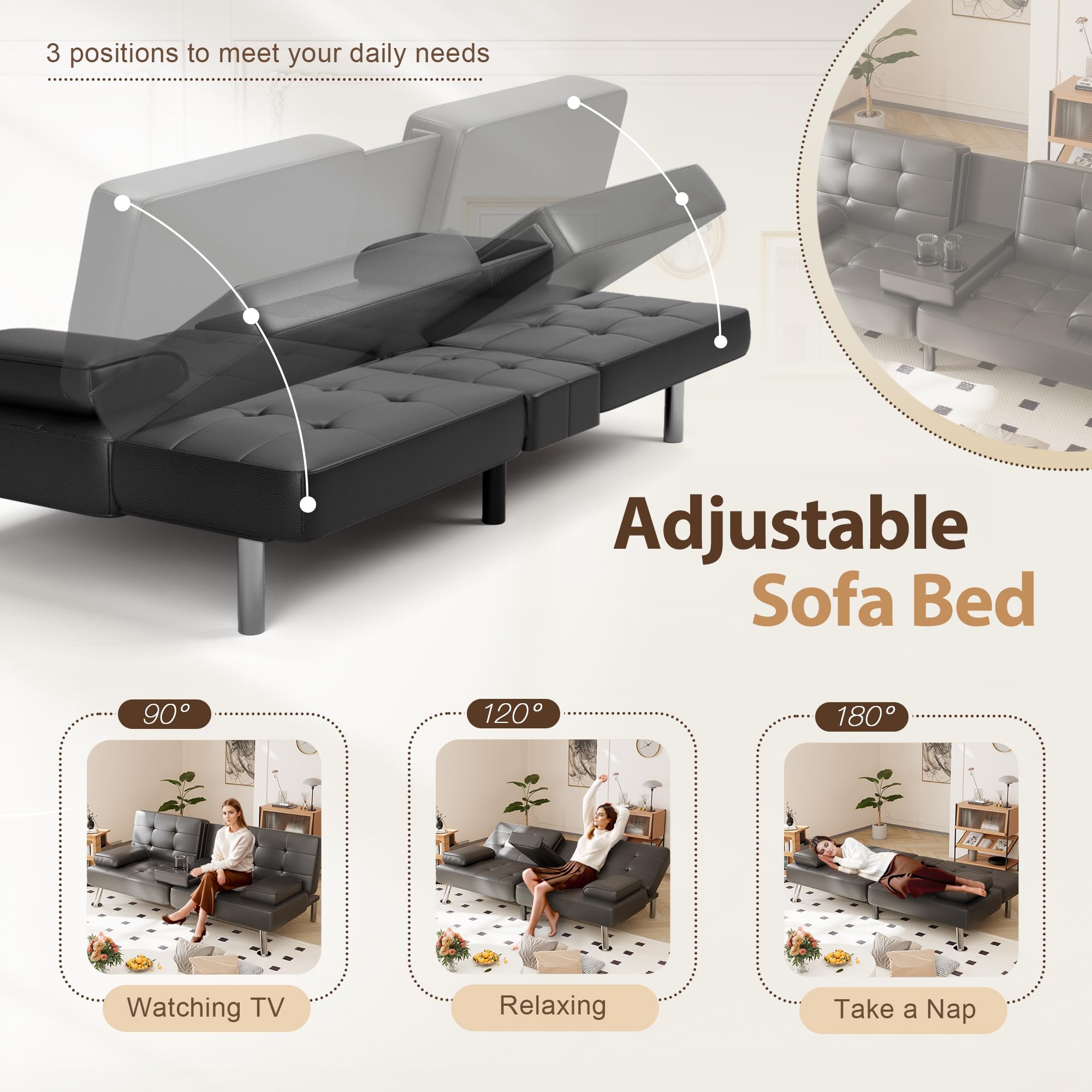 Shahoo Convertible Folding Futon Sofa Bed - 3-in-1 Sleeper Couch for Living Room, Guest Room & Small Spaces - Faux Leather Upholstered Loveseat with Removable Armrests, Sturdy Metal Legs & 2 Cup Holders - Black - Perfect for Apartments, Dorms, Home Office & Studio Living