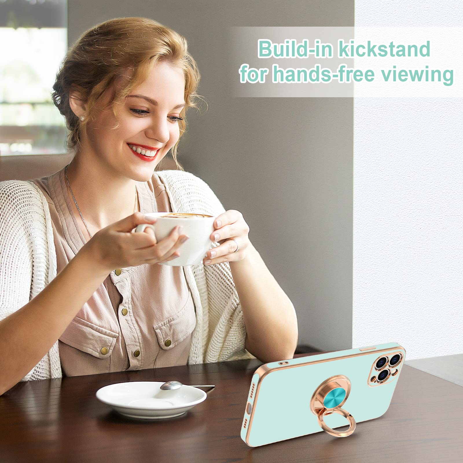 Hython Magnetic Phone Case for iPhone 12 Pro Max - 360° Rotatable Ring Stand with Kickstand, Shockproof Protective Cover with Soft Microfiber Lining & Rose Gold Edge - Perfect for Work, Travel and Hands-Free Viewing (Mint Green)