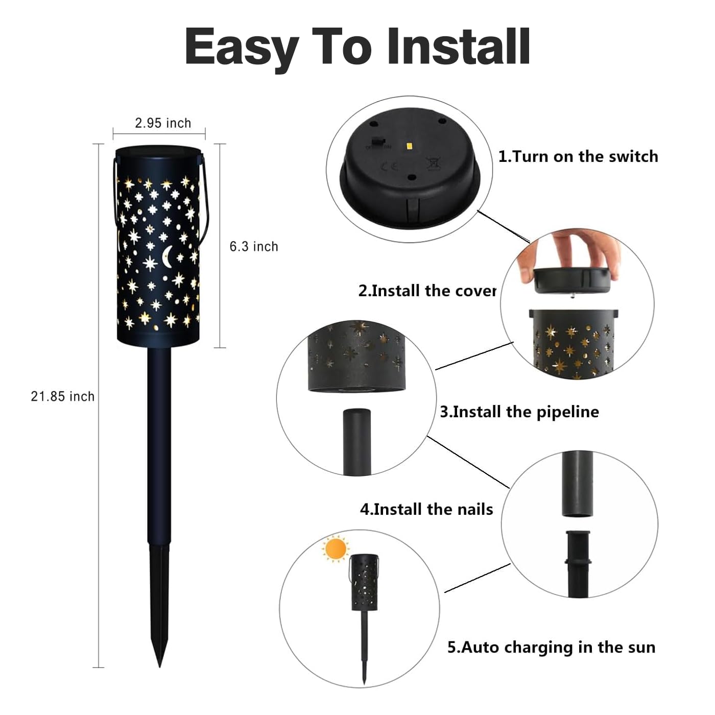 6 Pack Solar Garden Lights - Waterproof Black Star Moon Outdoor Path Lights for Yard, Patio, Walkway & Landscape Decoration
