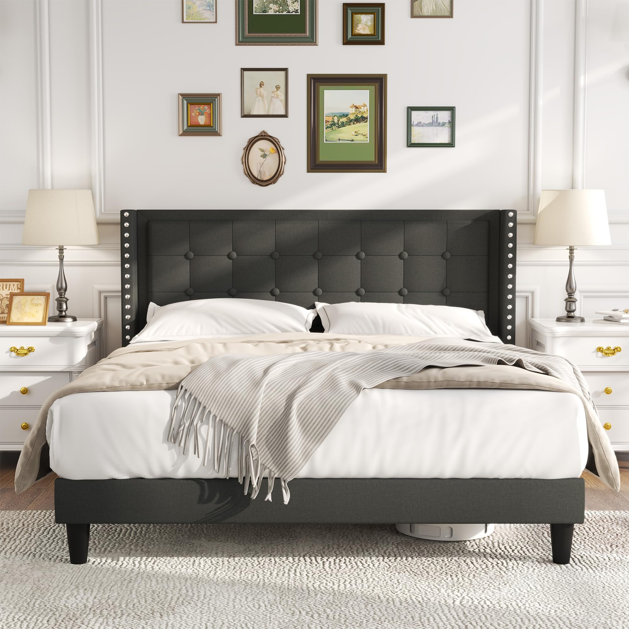 Linen Upholstered Full Bed Frame with Wingback Headboard - Sturdy Metal Frame & Wooden Slats Support - Dark Gray Platform Bed for Master Bedroom & Guest Room