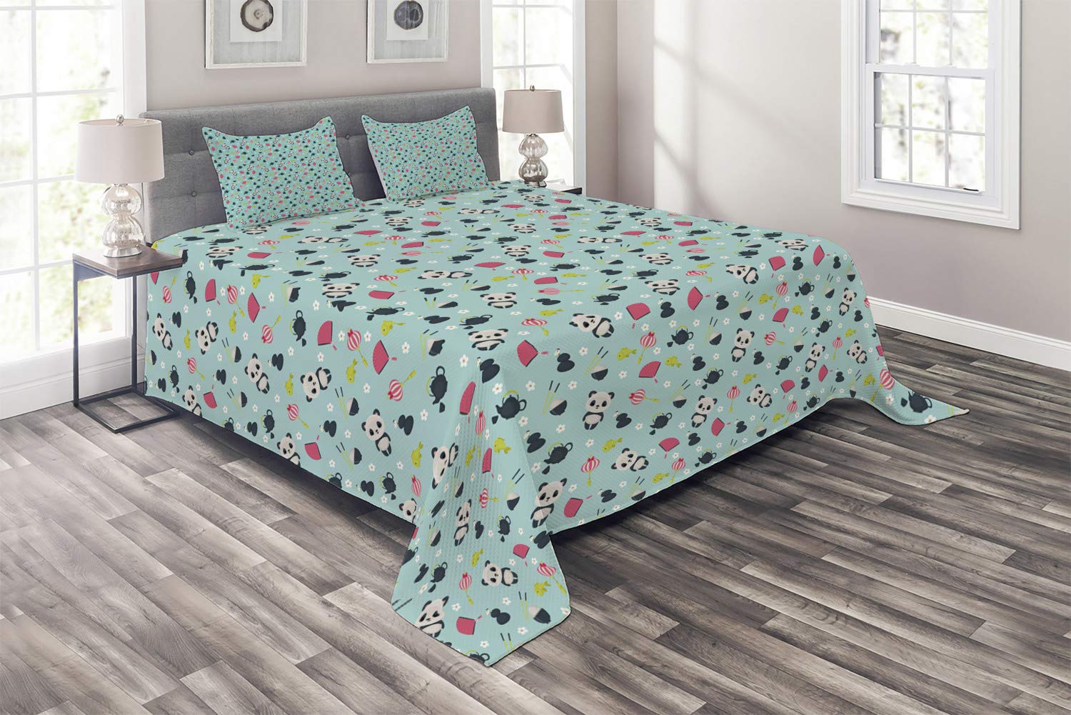 Ambesonne Asian King Size 3-Piece Quilted Bedspread Set with 2 Pillow Shams | Panda Bears, Koi Fish & Japanese Tea Illustration | Decorative Multicolor Coverlet for Bedroom, Guest Room & Dorm