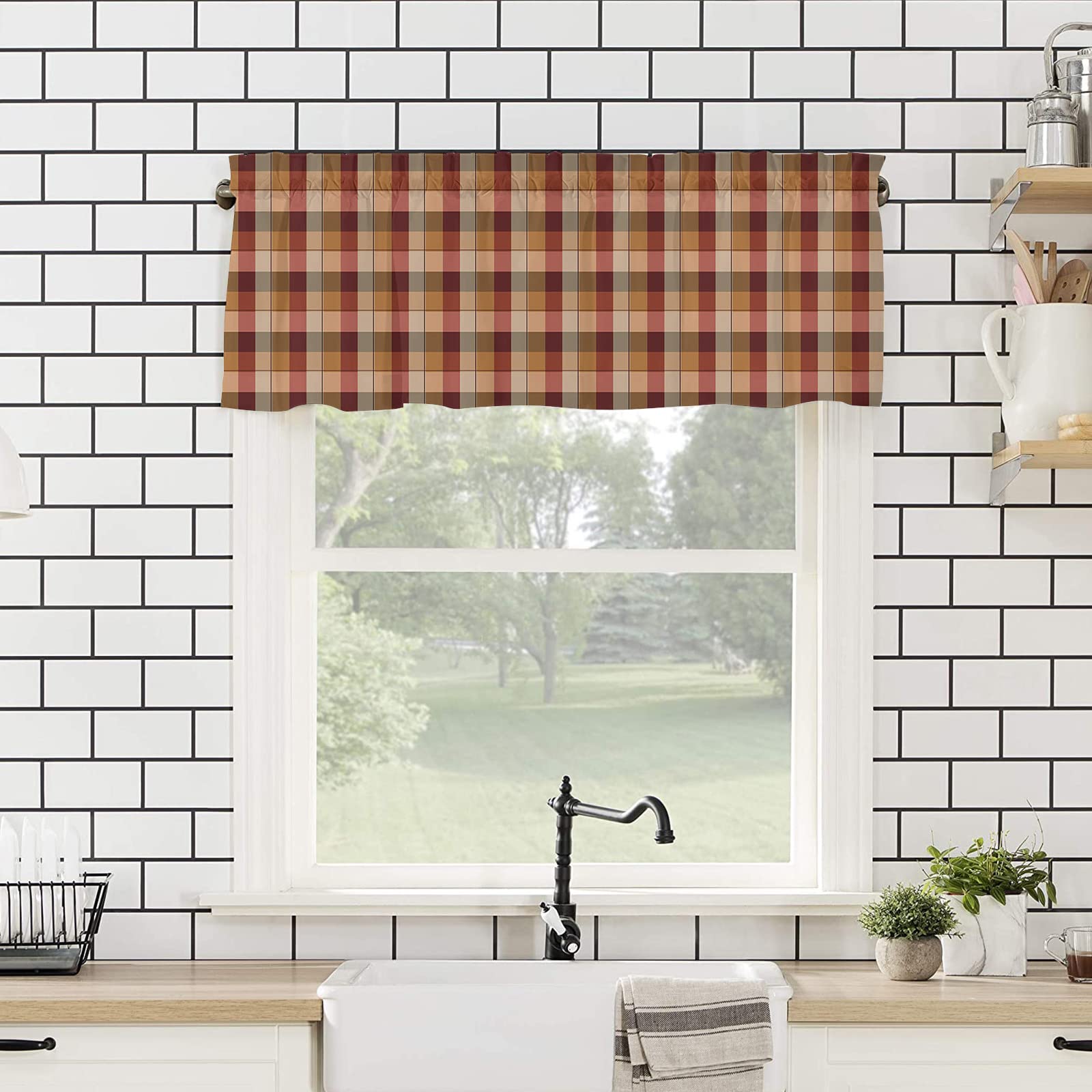 Red Brown Tartan Window Valance - Rustic Farmhouse Beige Plaid Rod Pocket Curtain Panel for Kitchen, Living Room & Bedroom | Short Tier Cafe Curtains for Cozy Farmhouse Decor & Small Window Treatments
