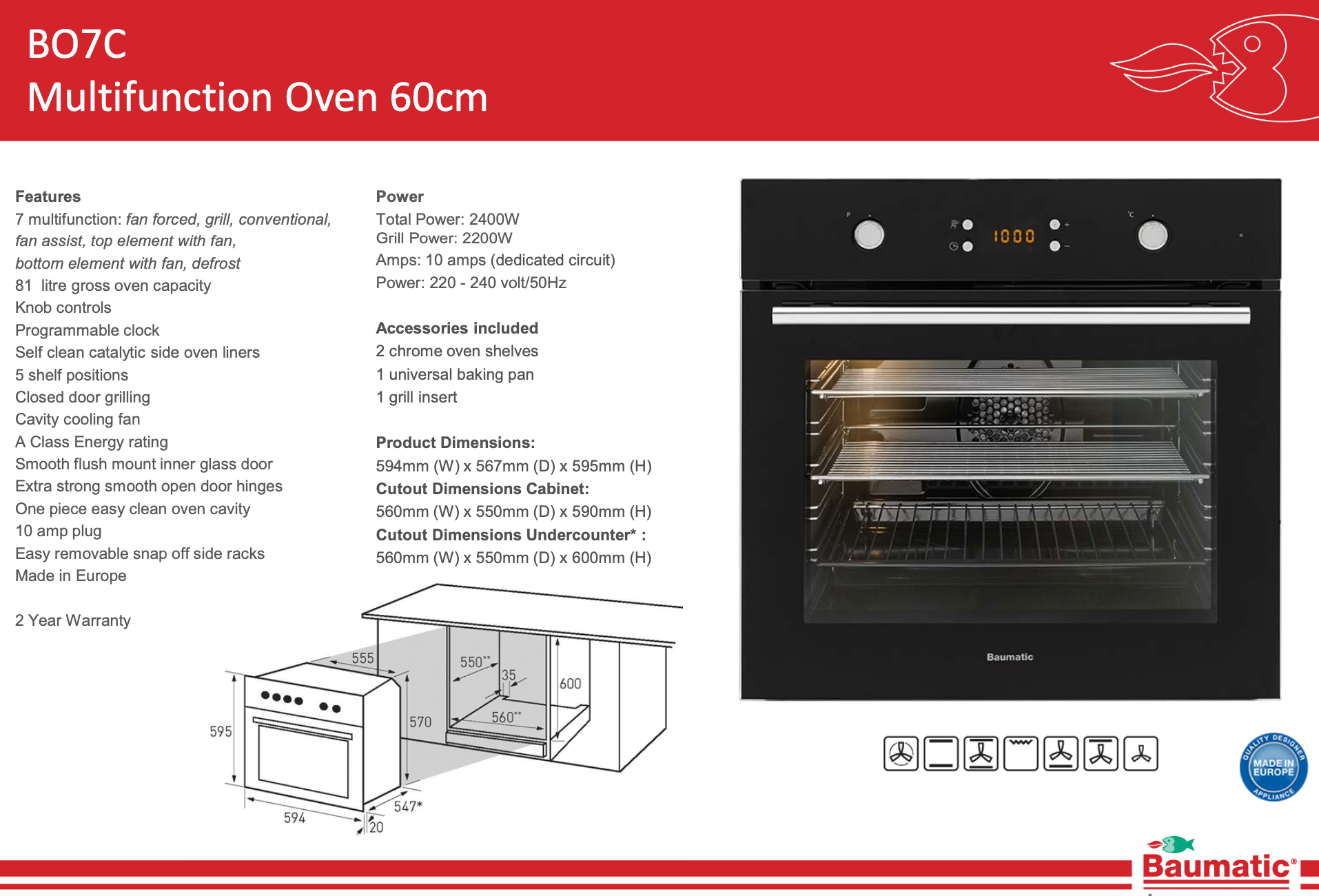 Baumatic 60cm Black Glass Built-in Oven, Hob & Hood Kitchen Appliance Package BA03 - Perfect for Modern Home Cooking & Stylish Kitchen Design