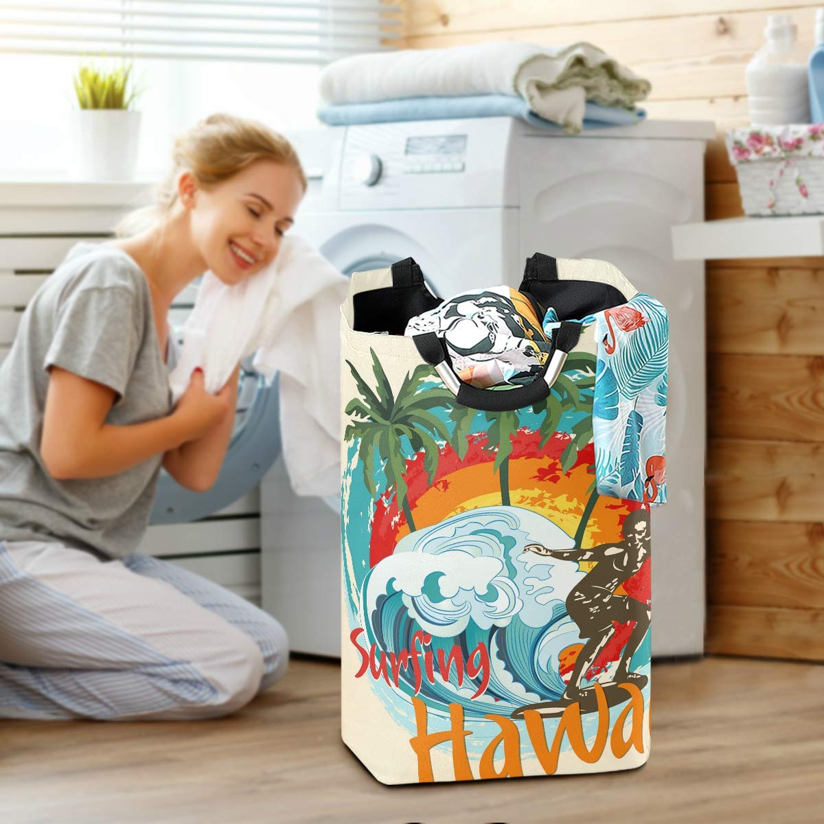 Large Collapsible Waterproof Laundry Hamper with Handles - Foldable Fabric Storage Bin for Dirty Clothes, Durable Organizer for Beach, Surfing & Tropical Vacations - Perfect for Hawaii Travel, Poolside & Outdoor Adventures