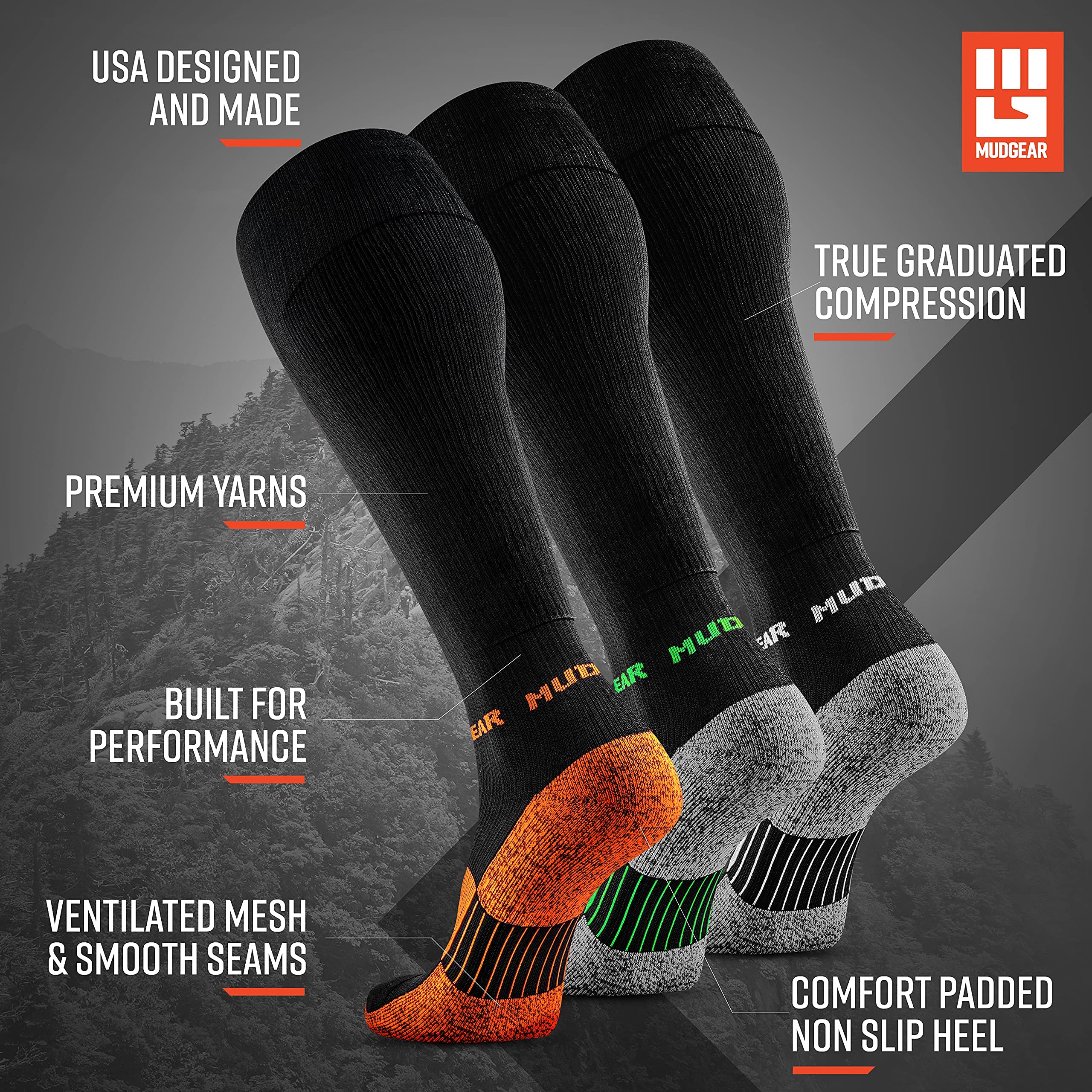 Premium Compression Socks 3-Pack for Running, Hiking & Recovery - Medium Size (Black/Gray, Black/Green, Black/Orange) - Improve Circulation & Reduce Swelling for Athletes, Travelers & Nurses
