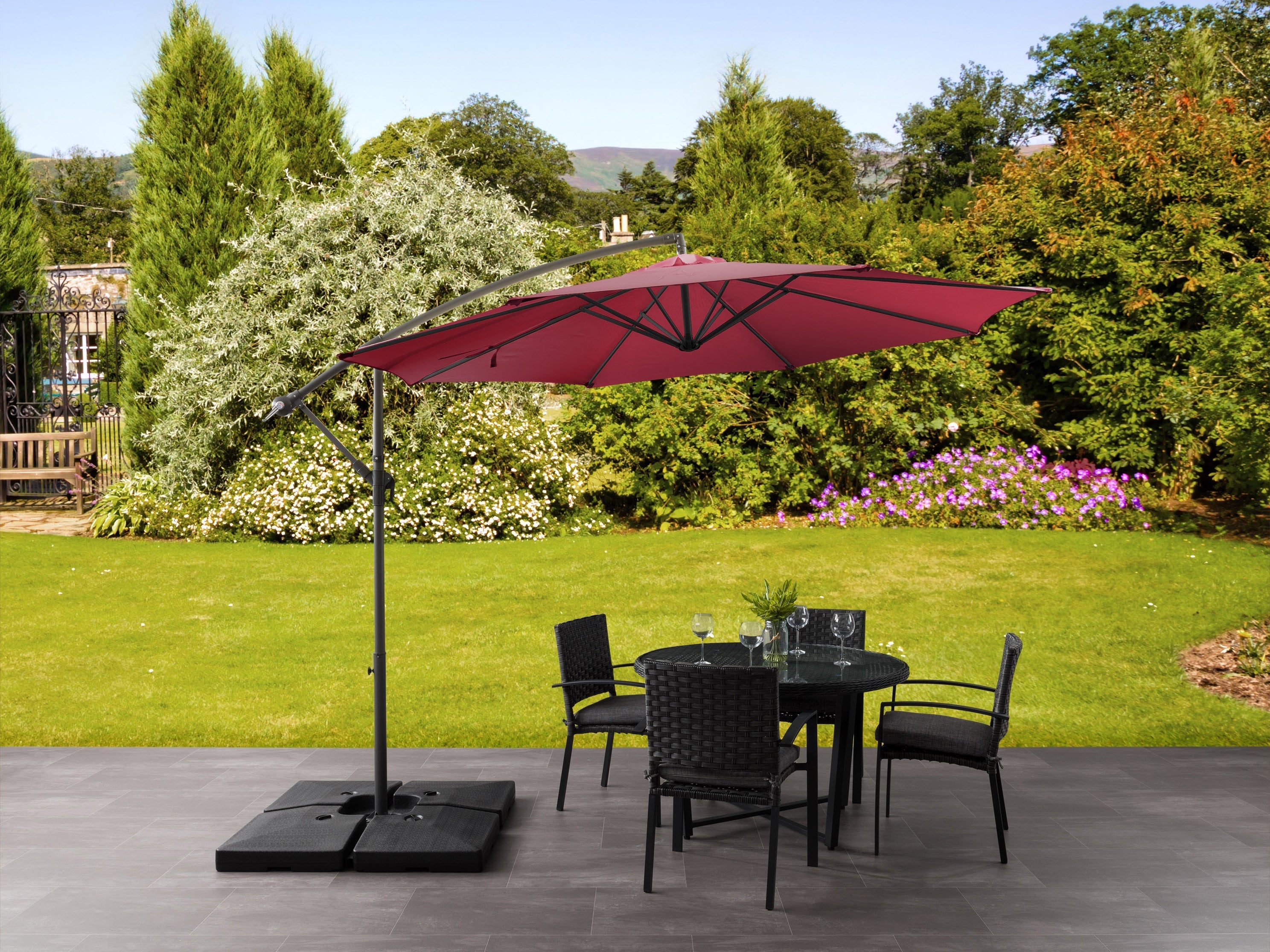 9.5ft Tilting Offset Patio Umbrella - Wine Red Outdoor Sun Shade for Poolside, Garden, and Backyard Relaxation