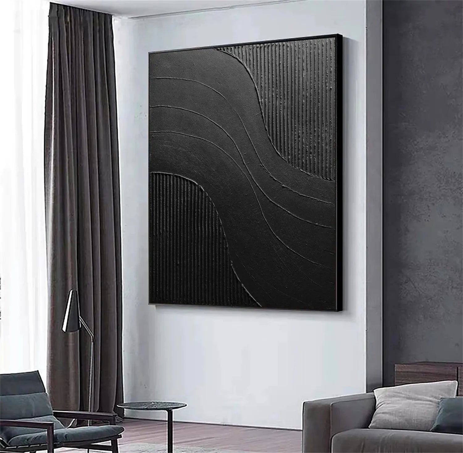 Black Minimalist Textured Painting Canvas #MZ104 - Modern Abstract Wall Art for Living Room, Bedroom & Office Decor