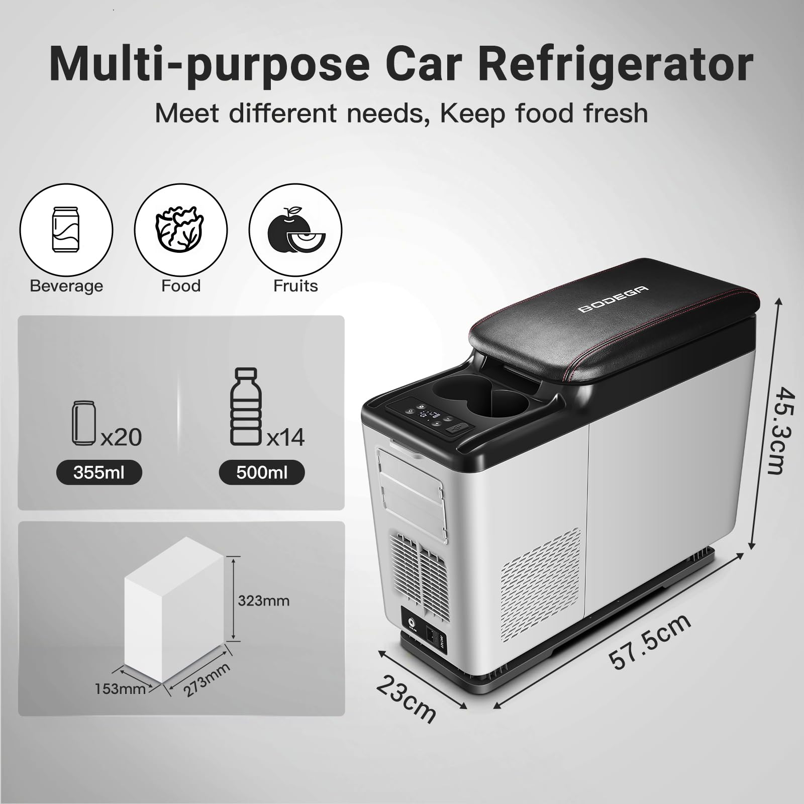 BODEGA 12V 16 Quart (15L) Portable Car Refrigerator - 5℉ to 68℉ Temperature Range - 12/24V DC Power for Camping, Road Trips, RV & Outdoor Adventures - Compact Freezer for Food, Drinks & Medication Storage