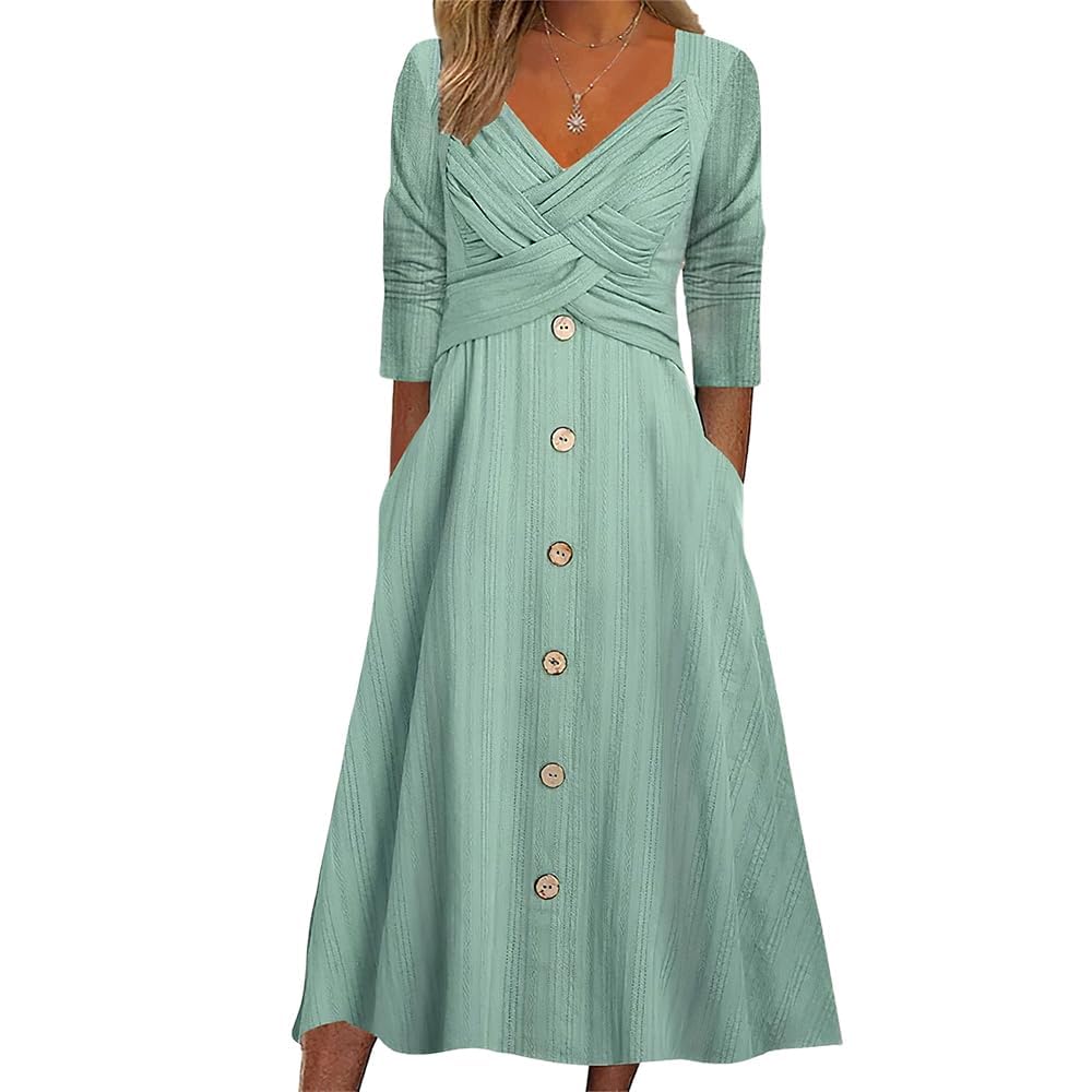 Elegant Plus Size Wedding Guest Dresses for Women - Casual Long Sleeve Tiered Maxi Dress with Cross Buttons & Pockets | Perfect for Church, Parties, and Special Occasions