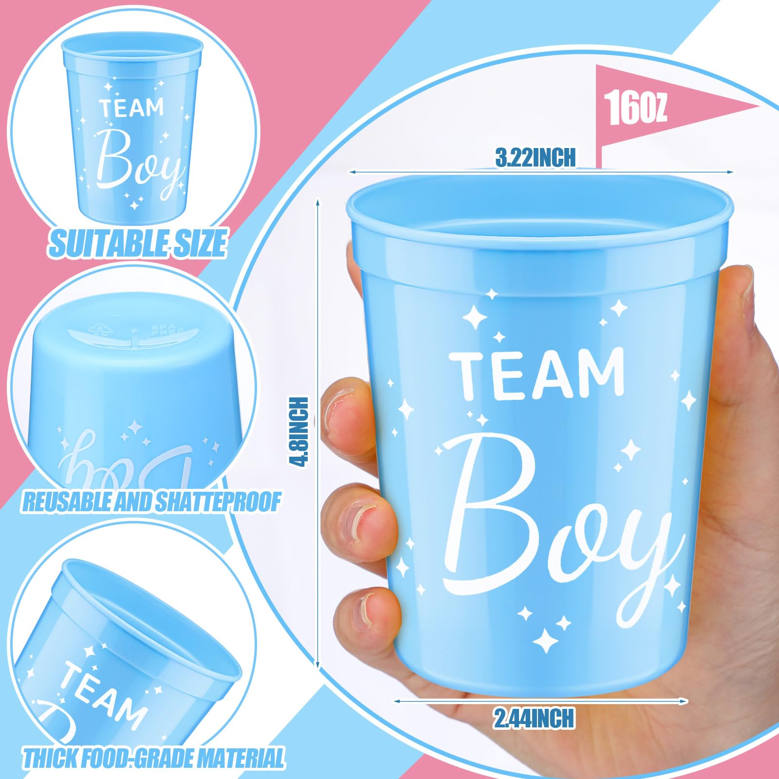 48 Pcs Gender Reveal Party Cups - 16 oz Plastic Team Boy & Team Girl Drinking Cups (Pink & Blue) for Baby Shower, Gender Reveal Decorations & Beverage Drinks - Perfect for Celebrations, Parties & Special Events