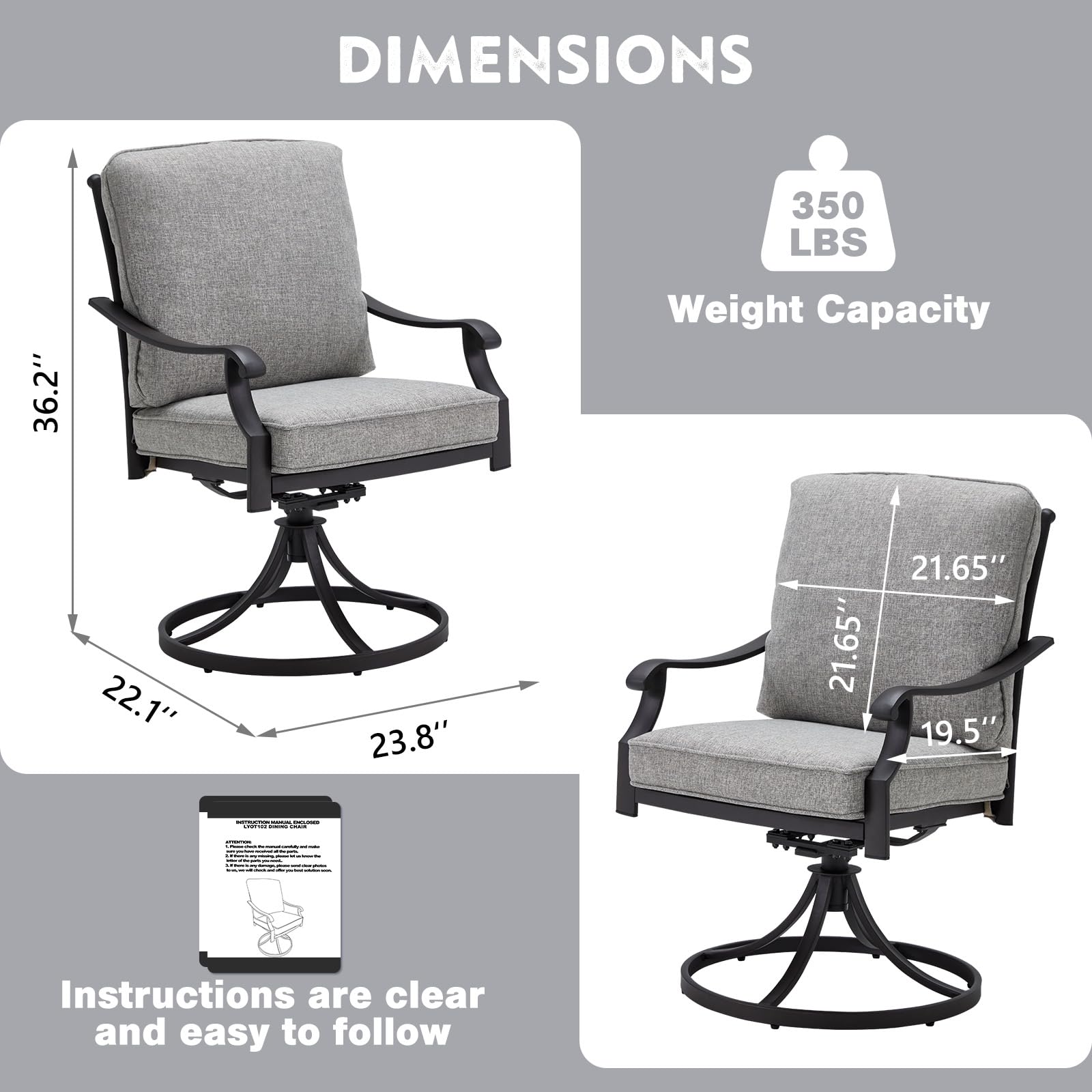 MELLCOM 2-Piece Patio Swivel Chair Set - Heavy Duty Outdoor Dining Chairs with Thickened Cushions, Gentle Rocking Metal Frame - Perfect for Garden, Lawn, Porch, Backyard & Poolside (Grey) | Weather-Resistant & Comfortable for Outdoor Relaxation & Entertaining