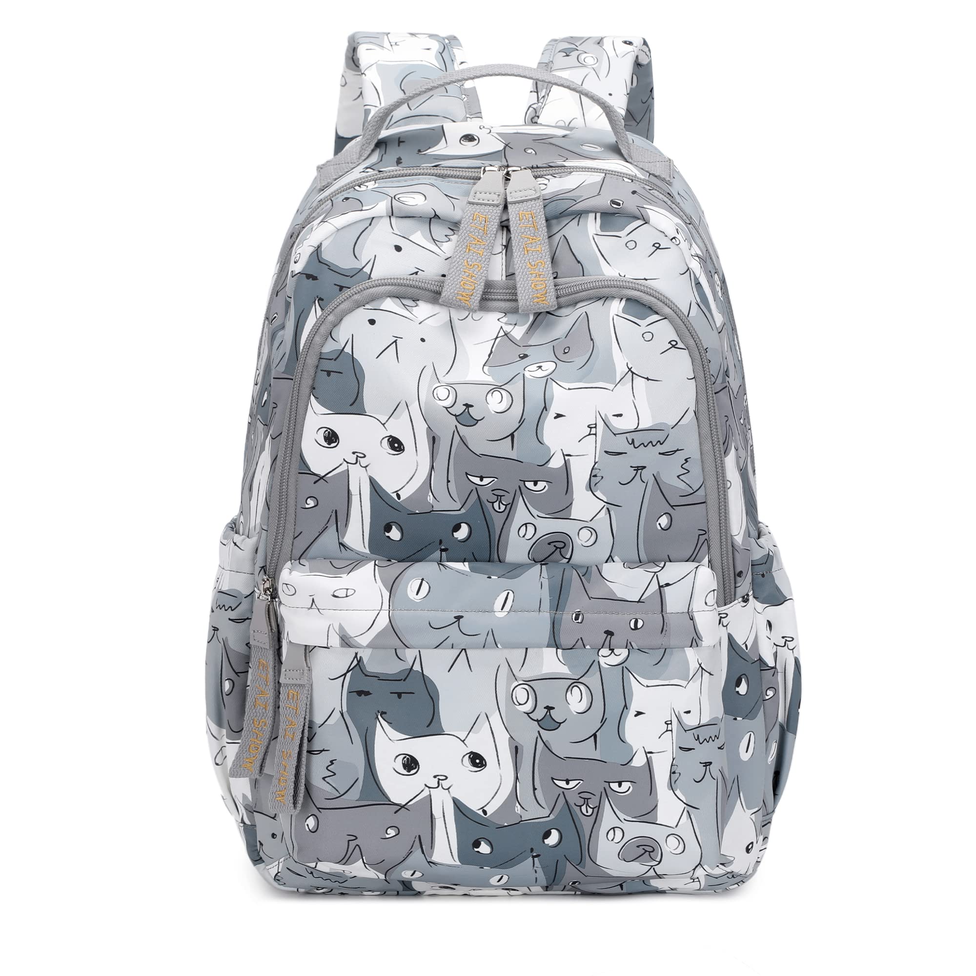 **Cute Kawaii Cat Cartoon Print 17.7 Inch Large Capacity Backpack for Girls - Stylish Japanese Aesthetic School Bag (Grey) - Perfect for School, Travel & Everyday Use**