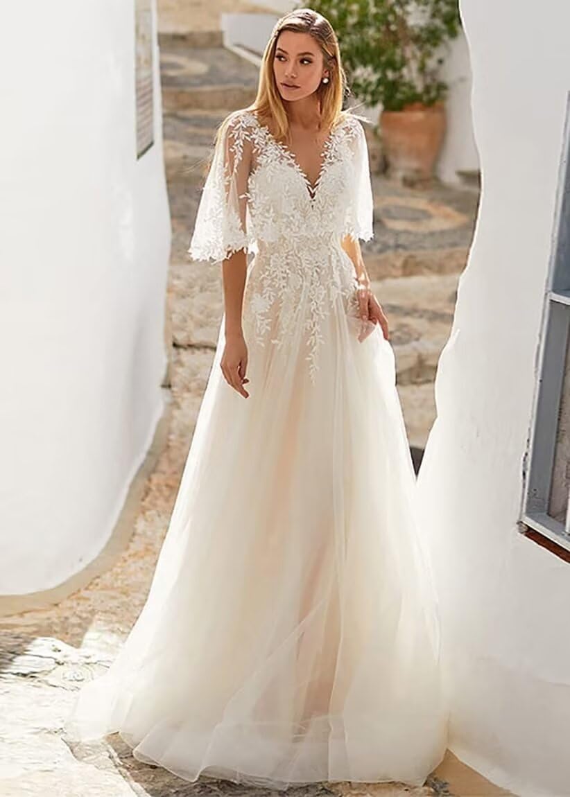 Elegant Tulle V-Neck Wedding Dress with Lace Sleeves Applique - Beach Bridal Gown for Women Bride | Perfect for Beach Weddings, Outdoor Ceremonies & Romantic Photoshoots