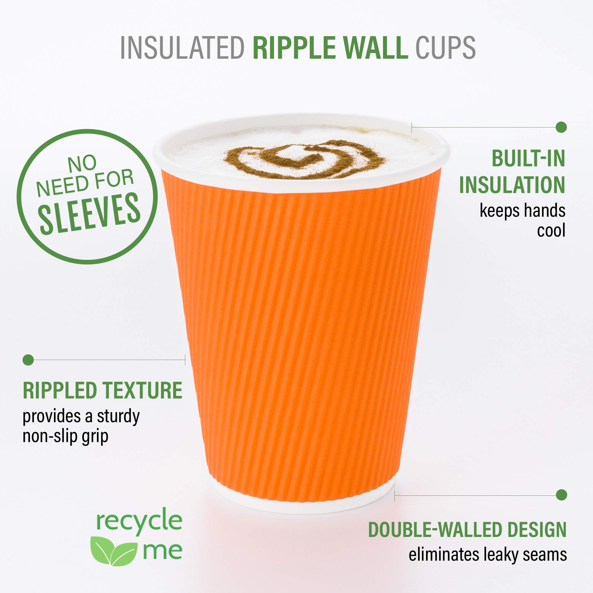 12oz Disposable Coffee Cups - 500 Pack Double Wall Hot Cups with Rolled Rim | Orange Insulated Paper Cups for Coffee, Tea, Hot Chocolate | Perfect for Cafes, Offices, Catering & Events (Lids Sold Separately)
