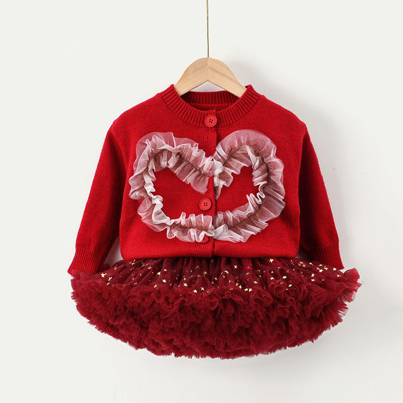Adorable Baby Girl Mesh Love Knitted Top & Star Tutu Skirt Set - Cute Outfit for Photoshoots, Birthday Parties & Special Occasions
