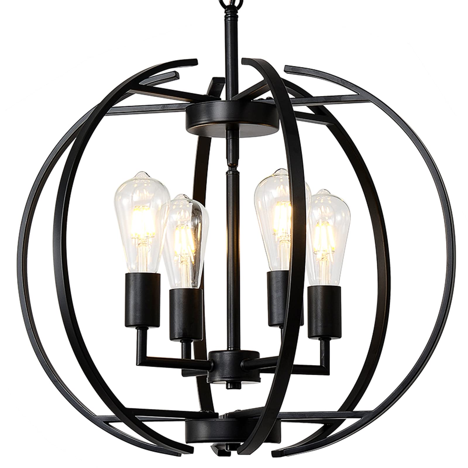 Large Black Farmhouse Chandelier - Adjustable 4-Light Pendant Lighting Fixture for Kitchen, Dining Room, Living Room & Hallway | Rustic Globe Lantern Ceiling Light for Home Decor & Cozy Ambiance