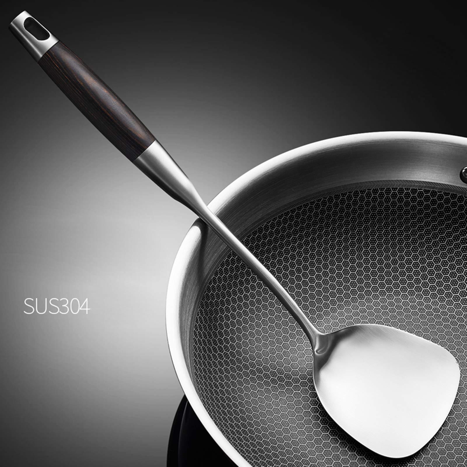 Premium 304 Stainless Steel Wok Spatula & Ladle Set with Long Wooden Handle - 14-15 Inch Heat-Resistant Cooking Utensils for Stir-Frying, Sauteing & Serving - Ideal for Asian Cuisine, Home Kitchens & Professional Chefs