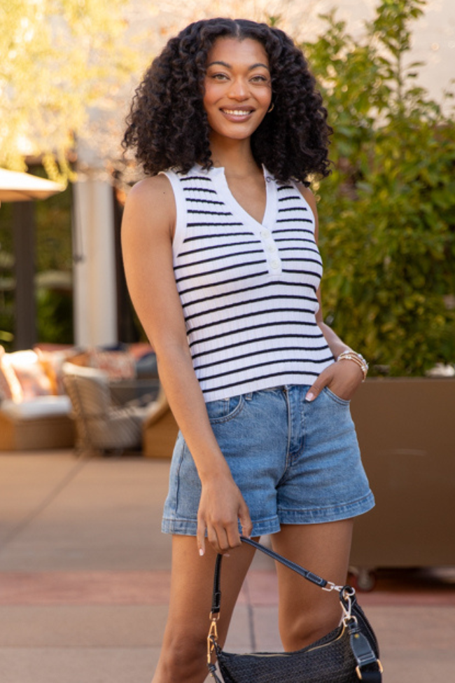 Stylish Ivory and Black Striped Henley Tank Top for Women - Perfect for Casual Outfits, Layering & Summer Fashion