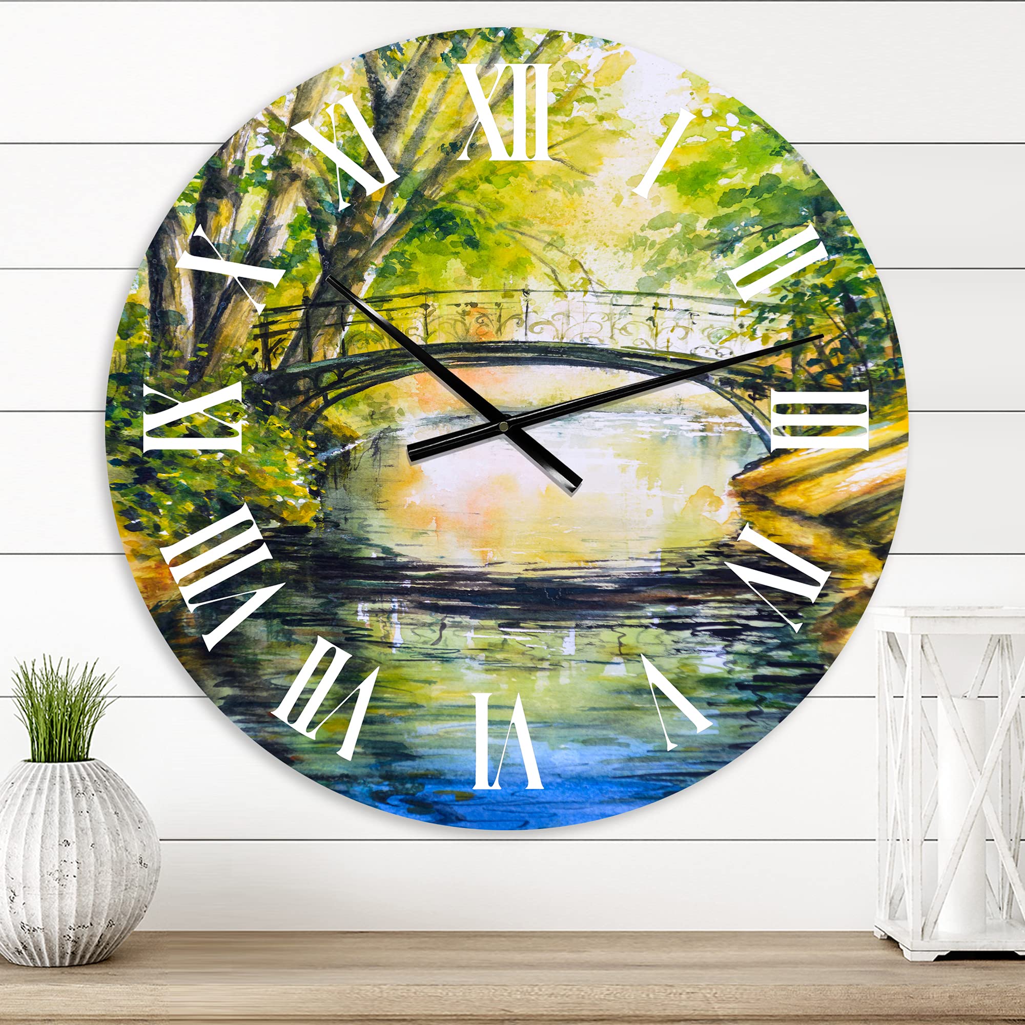 DesignQ Lake House Wall Clock - 'Bridge Over Troubled Water in Forest Park' Landscape Nature Wall Art - Large Decorative Clock for Living Room, Bedroom & Office Decor | Perfect for Rustic, Farmhouse & Coastal Home Interiors