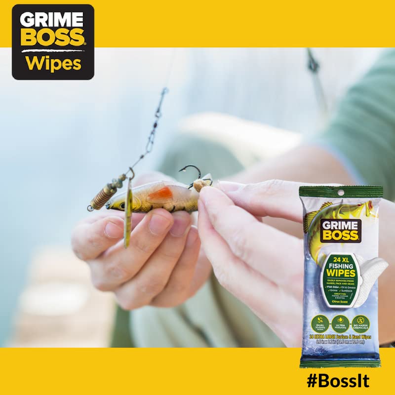 Grime Boss Fishing Wipes (5 Packs of 24 Count) - Heavy Duty Hand & Gear Cleaning Wipes for Anglers - Removes Dirt, Oil & Fish Odor from Hands, Rods, Reels & Tackle Boxes - Perfect for Freshwater & Saltwater Fishing Trips