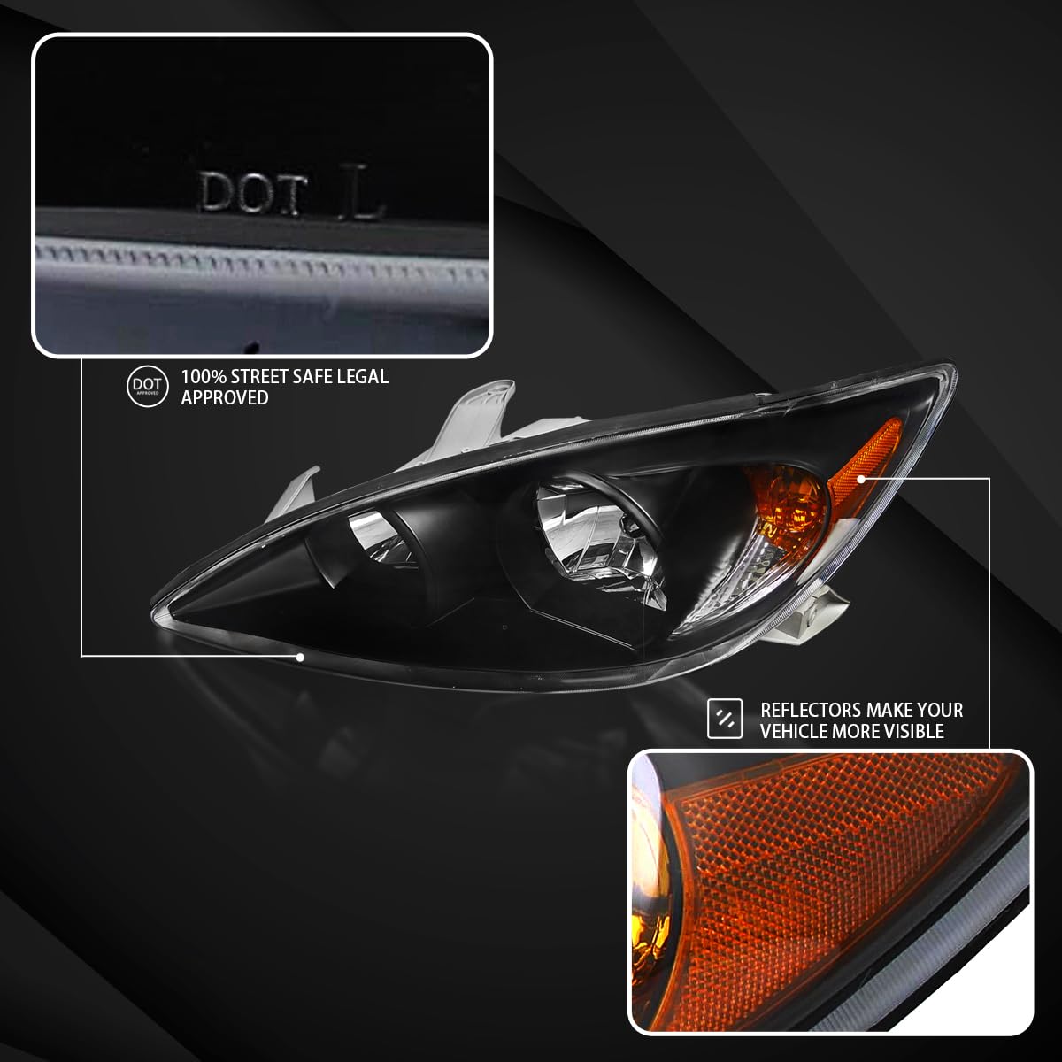 AUTOZENSATION Black Headlights Pair Compatible with 2002-2004 Toyota Camry - Left & Right Replacement Lamps for Night Driving & Foggy Conditions